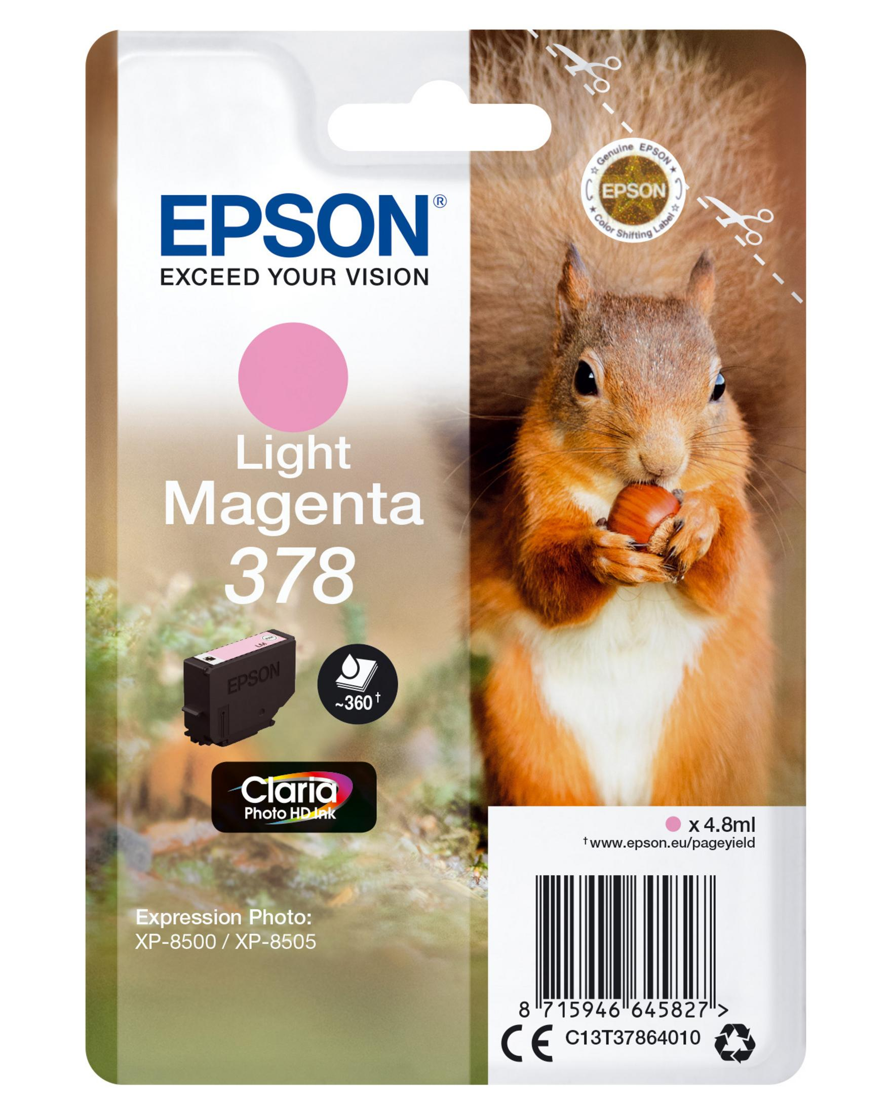 Epson printer inktcartridge verpakking. Bevat een roze cartridge, een eekhoorn en tekst.