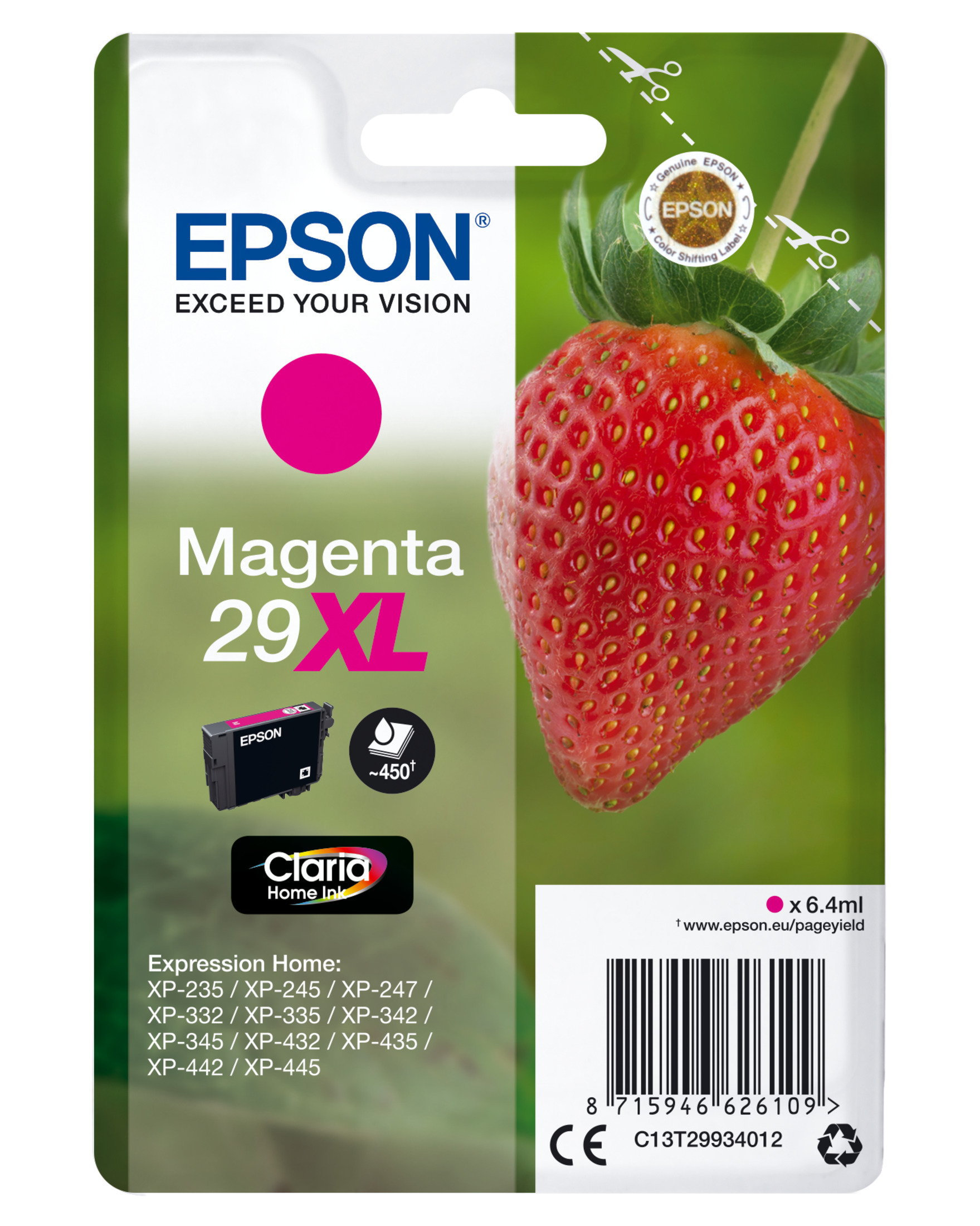 Confezione cartuccia inchiostro Epson Magenta 29XL. Contiene inchiostro magenta e immagine fragola.