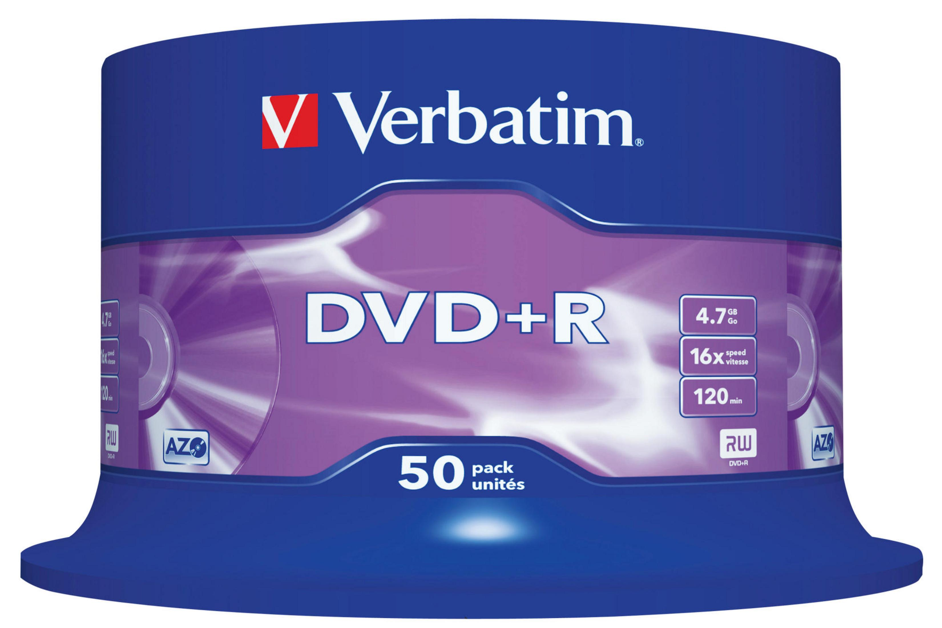 Pakiet dysków DVD+R Verbatim. Niebieskie opakowanie z białym tekstem DVD+R. Zawiera 50 dysków. Pokazuje szczegóły dysku.