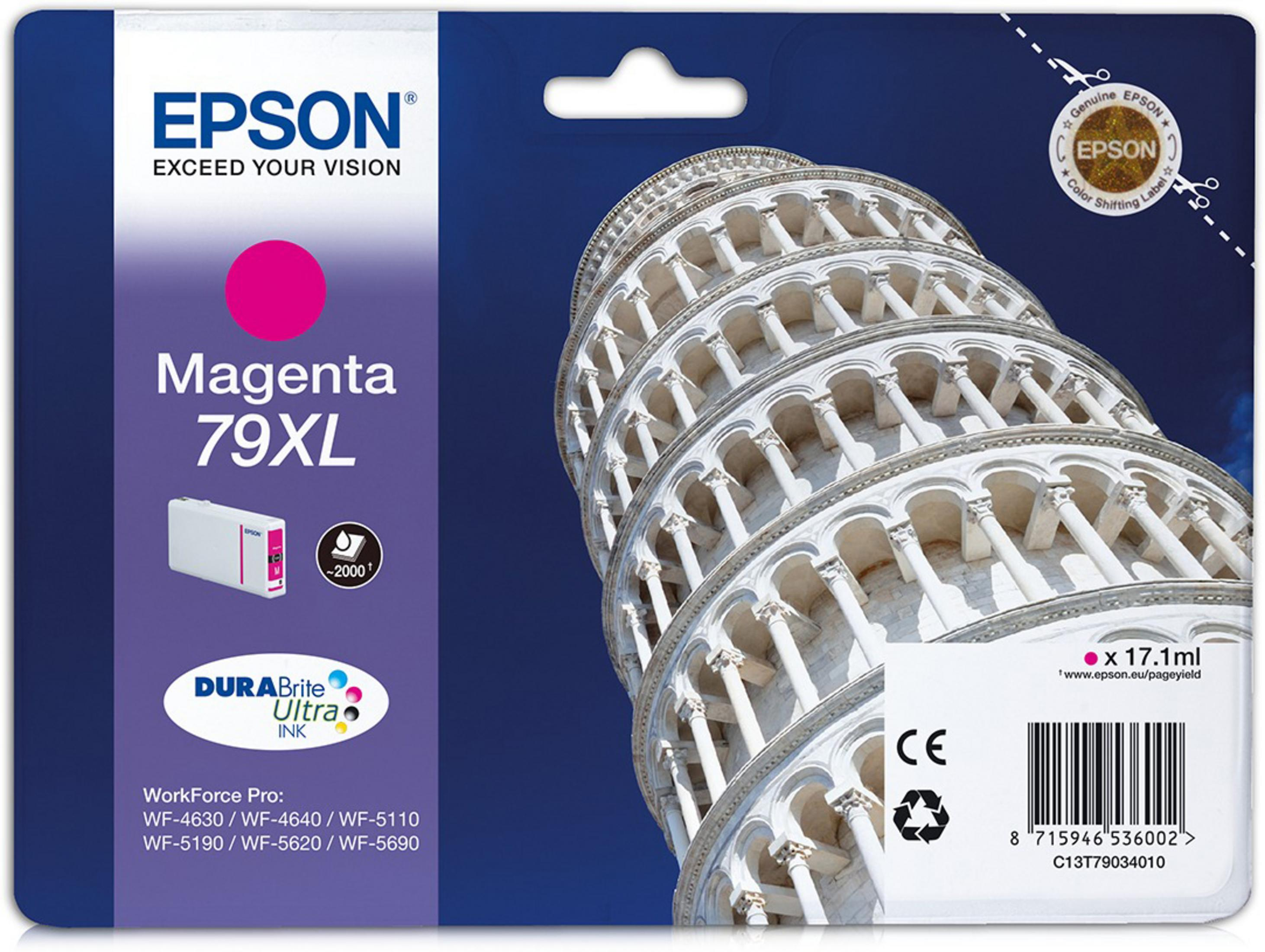 Cartuccia d'inchiostro magenta Epson e confezione. La Torre Pendente di Pisa sullo sfondo.