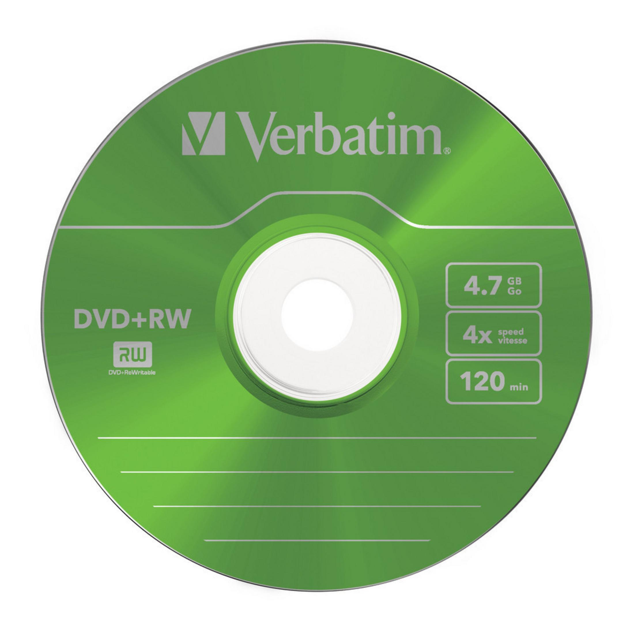 Grüne Verbatim DVD+RW-Disc. Etiketten für 4,7 GB, 4x Geschwindigkeit und 120 Min.