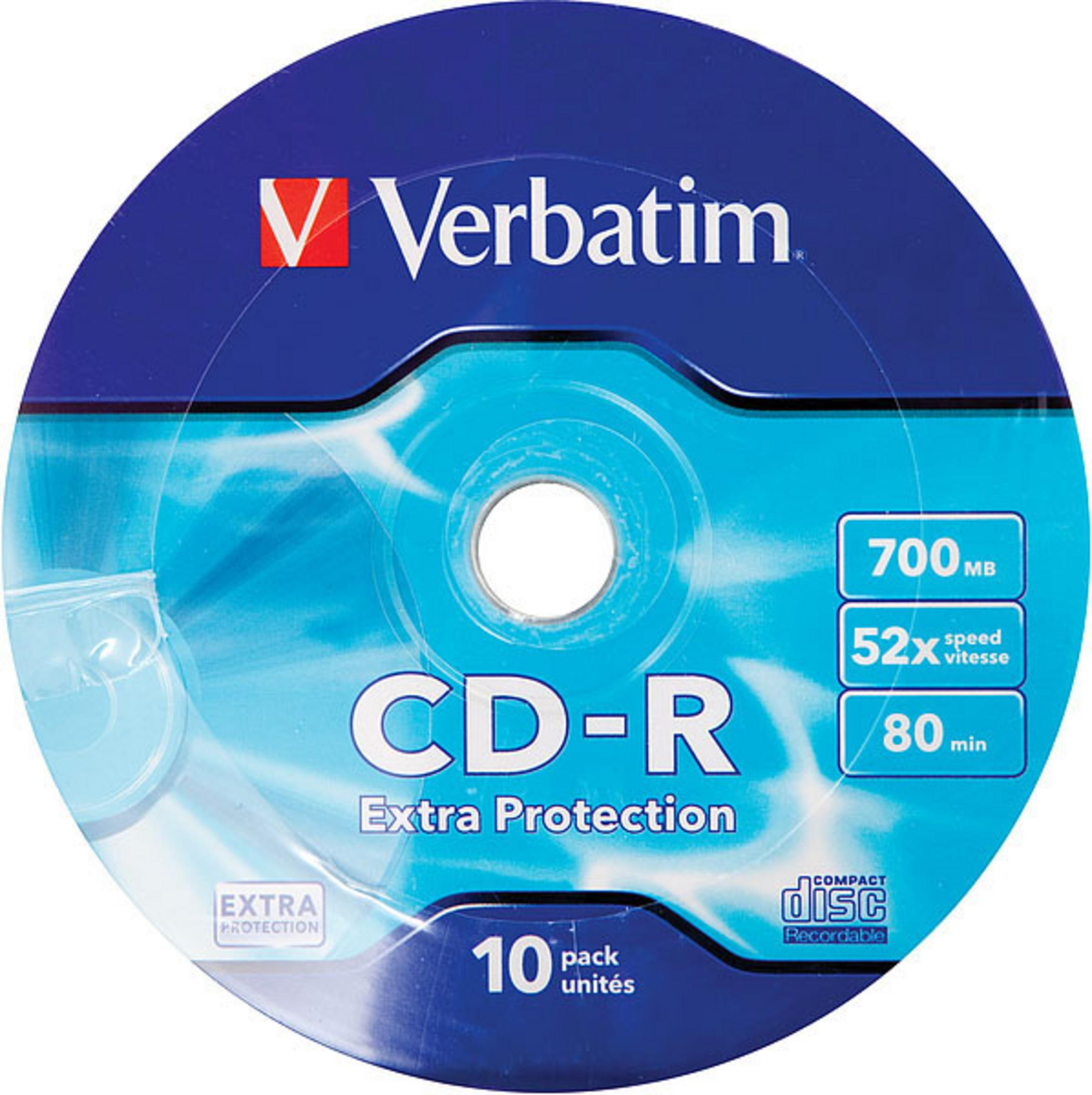 Un disco CD-R Verbatim azul con texto: 700MB, 52x velocidad y 80 min.