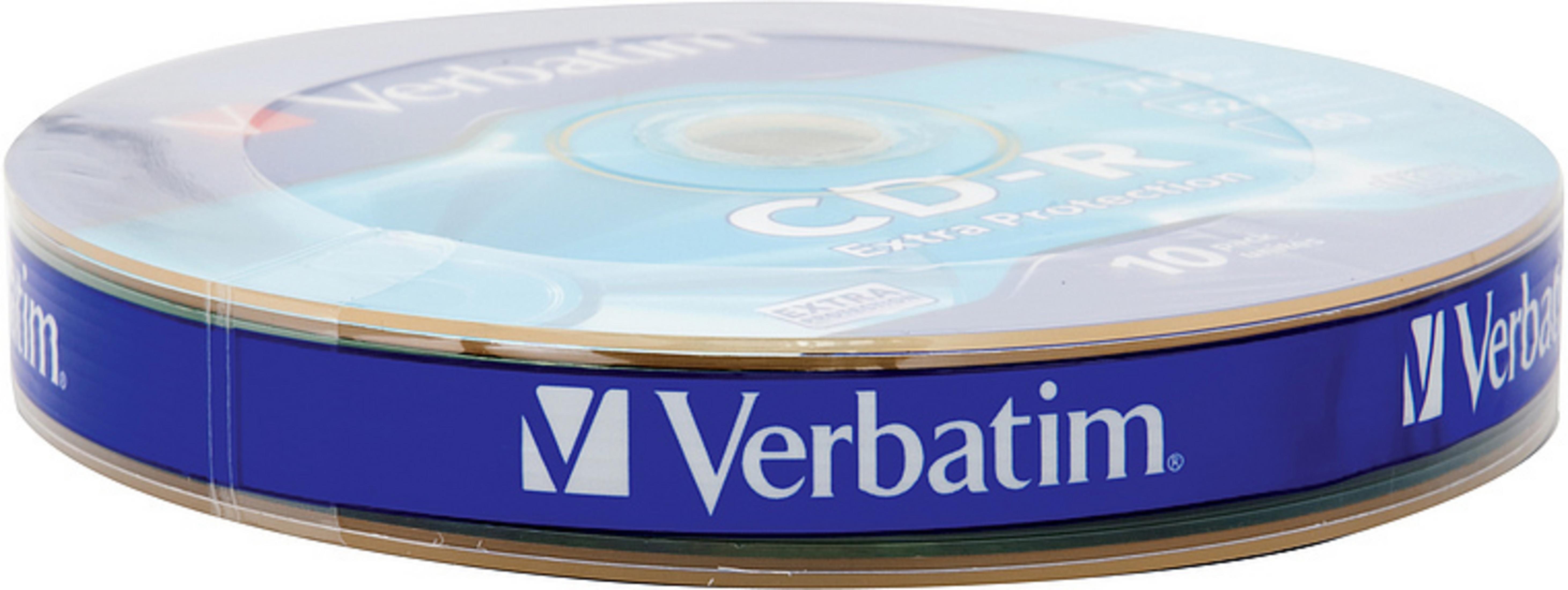 Una pila de discos CD-R Verbatim en envoltorio de plástico transparente, etiqueta azul visible.