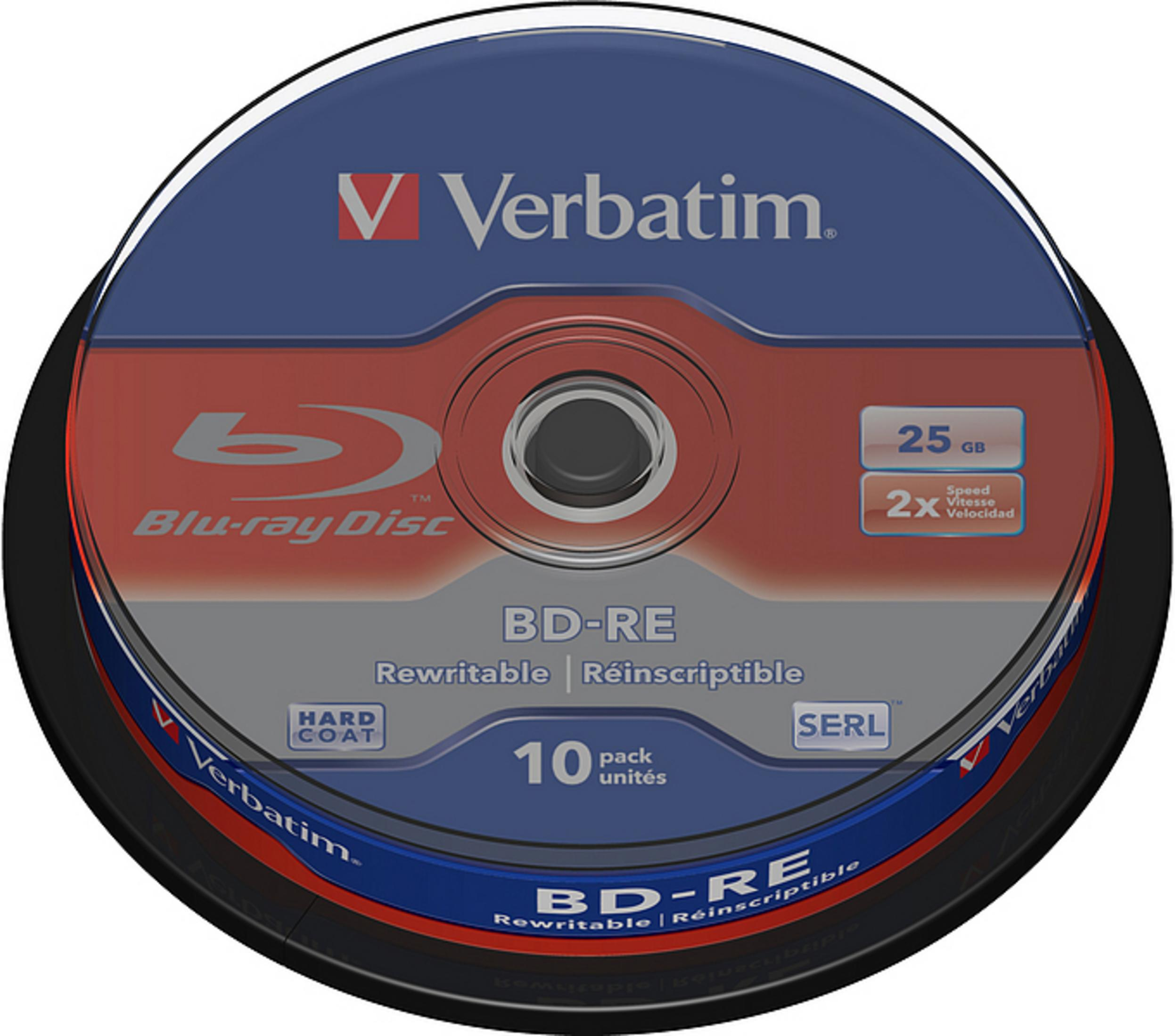 Dysk Blu-ray Verbatim. Niebiesko-czerwony dysk ze srebrnym środkiem. Pokazuje 25 GB, prędkość 2X i możliwość ponownego zapisu.