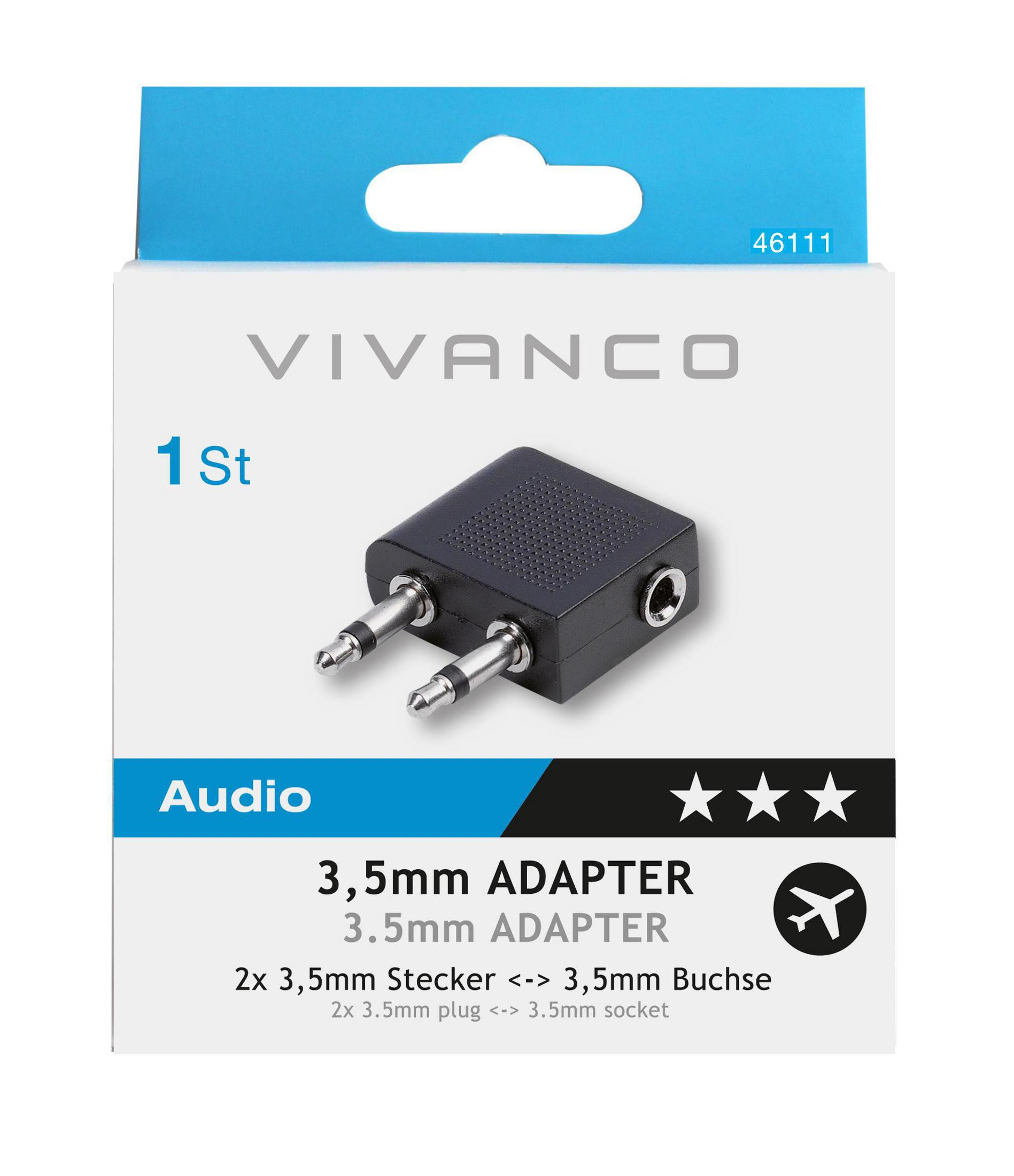 Vivanco Audio-Adapter mit zwei 3,5-mm-Steckern und einer 3,5-mm-Buchse.