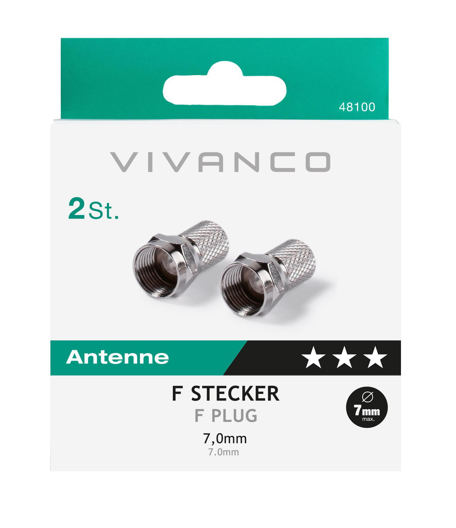 Zwei silberne F-Stecker in einer Box. Die Box ist weiß und grün.