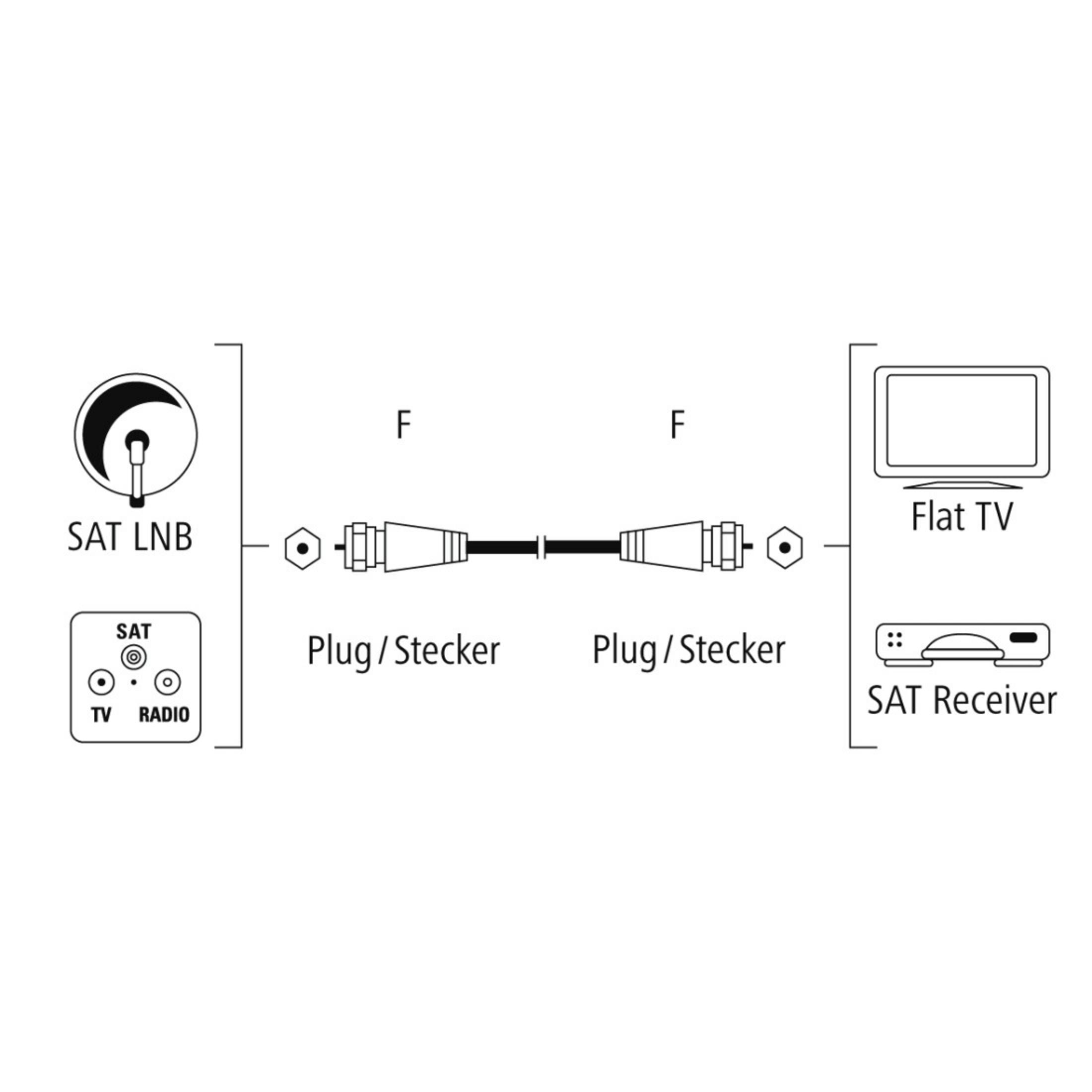 Diagramm eines Satelliten-Setups. Zeigt Verbindungen von einer Schüssel zu TV und Receiver.