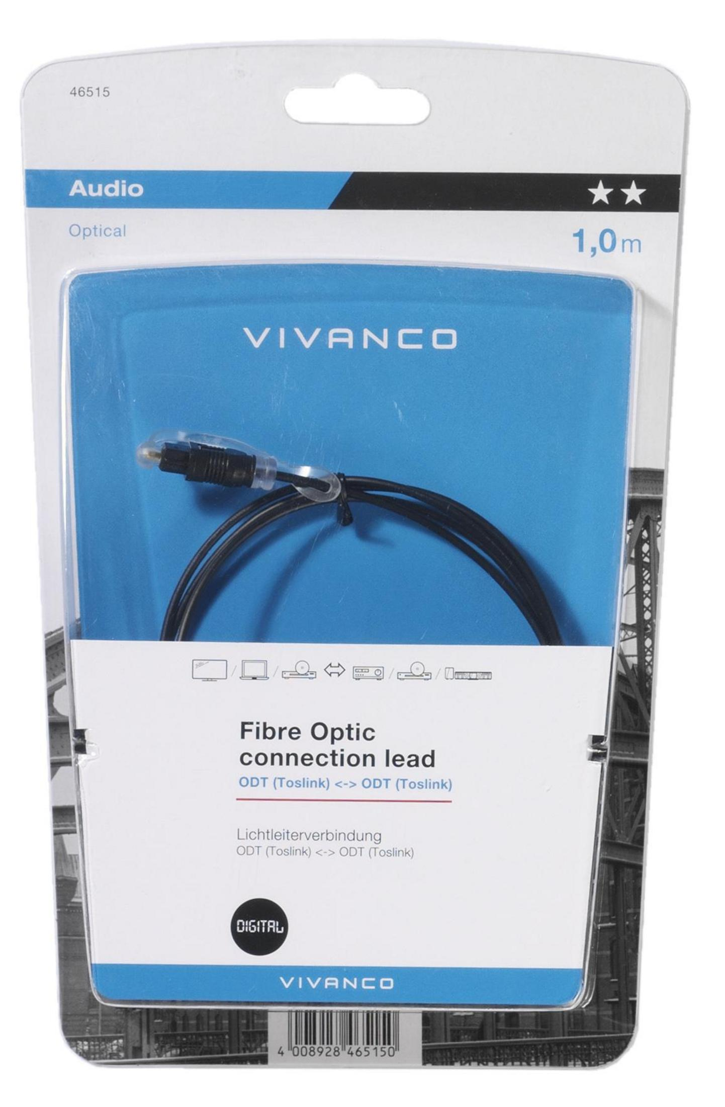 Glasfaserkabel in Verpackung, mit blauem Etikett und Vivanco-Markenlogo.