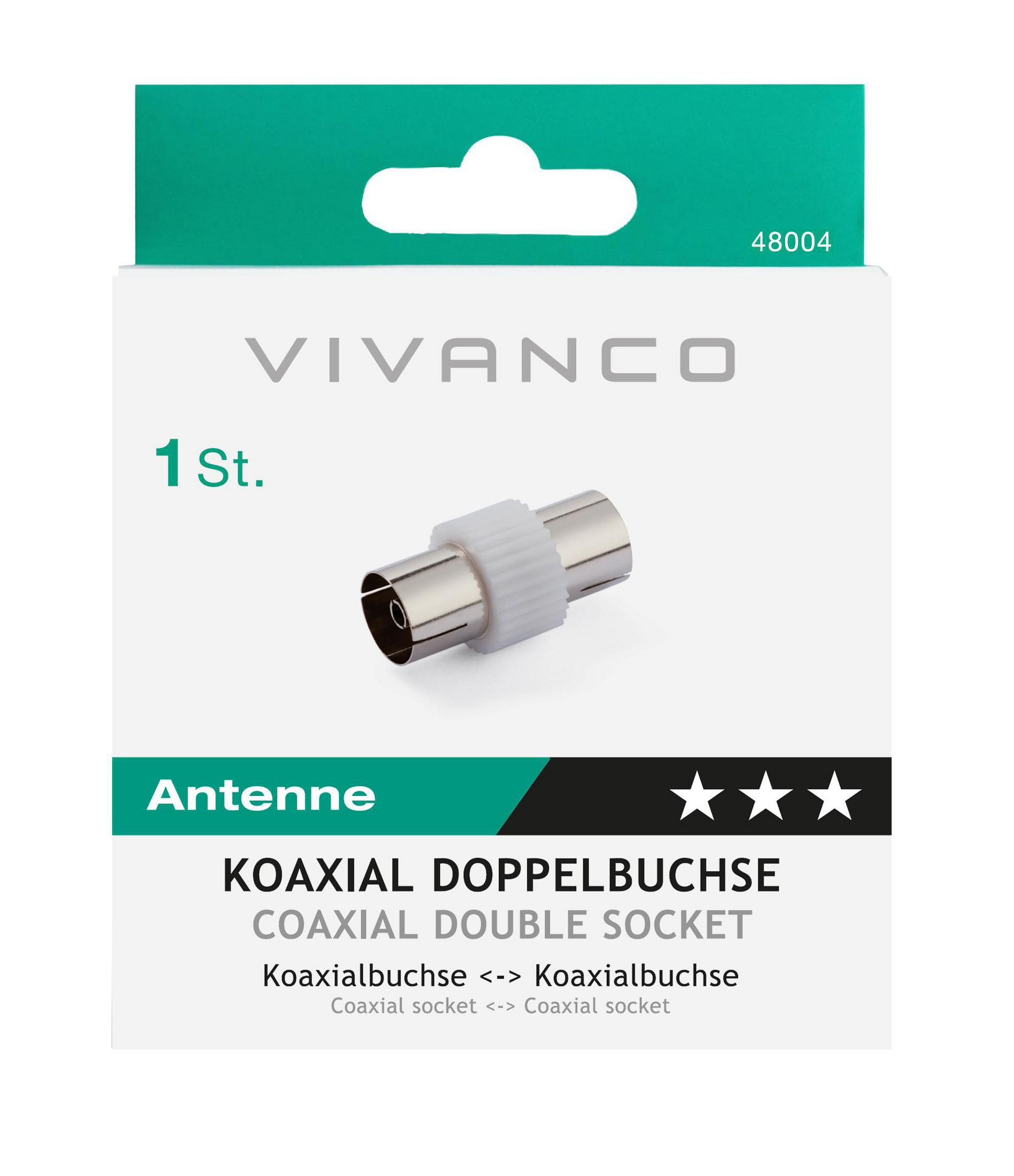 Weiße Koaxial-Doppelbuchse in Verpackung. Text lautet 'KOAXIAL DOPPELBUCHSE'.