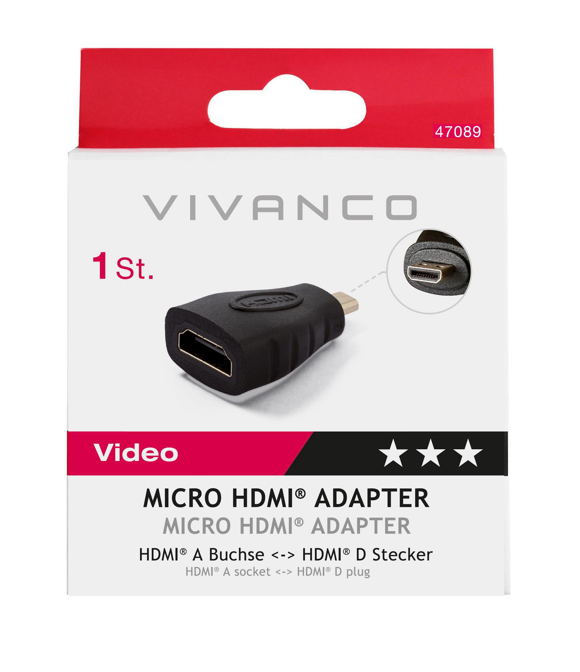 Adaptador Micro HDMI negro en una caja con diseño rojo y blanco.