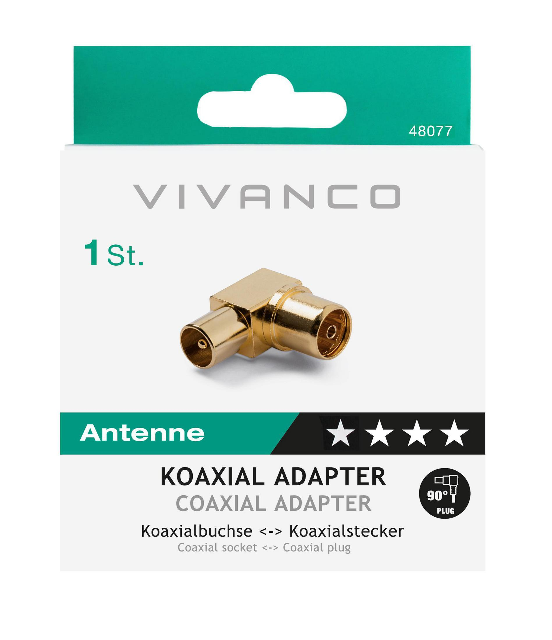 Ein goldener Koaxialadapter in einer Box mit der Aufschrift 'Antenne'.