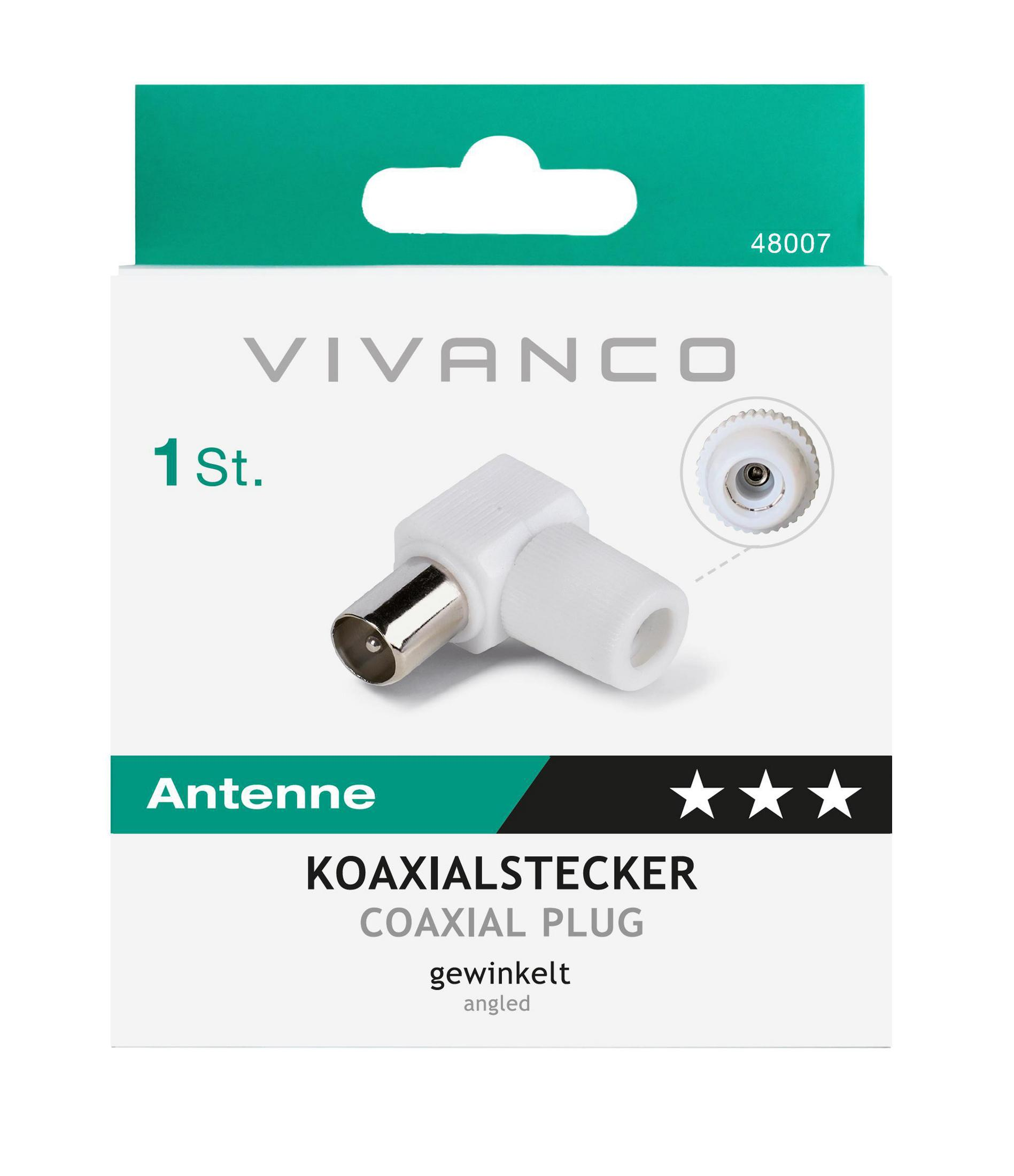 Weißer gewinkelter Koaxialstecker in einer Box mit der Aufschrift 'VIVANCO'. Typ: 'KOAXIALSTECKER'.