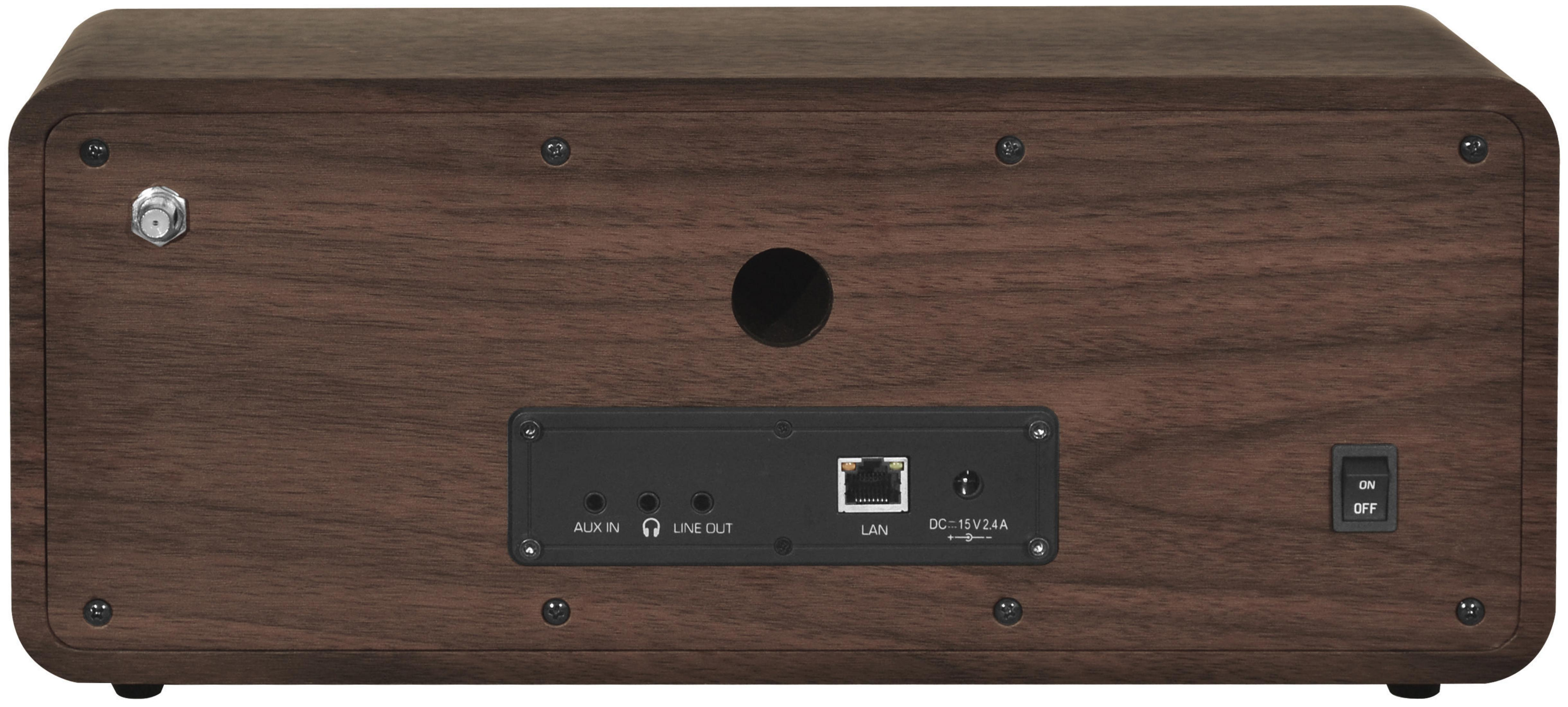 Parte trasera de un dispositivo de audio de madera con puertos de conexión, botones e interruptor.