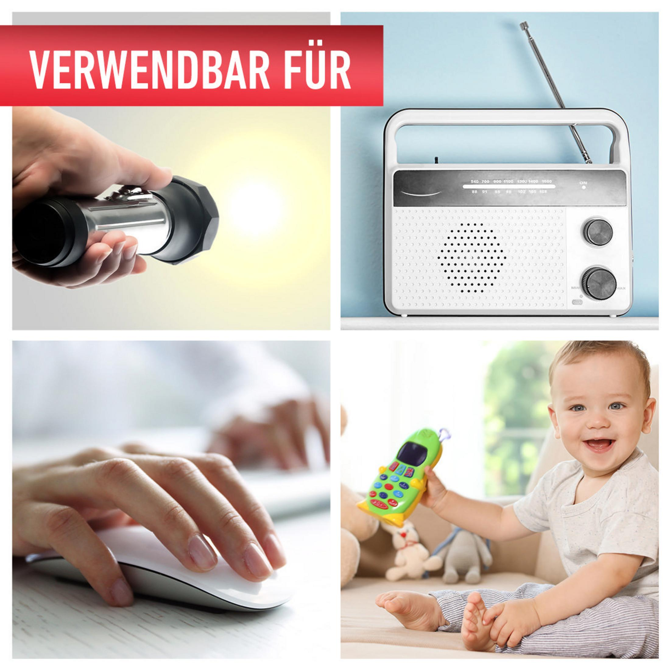 Cztery obrazy: wiązka latarki, radio, mysz i dziecko z zabawką.