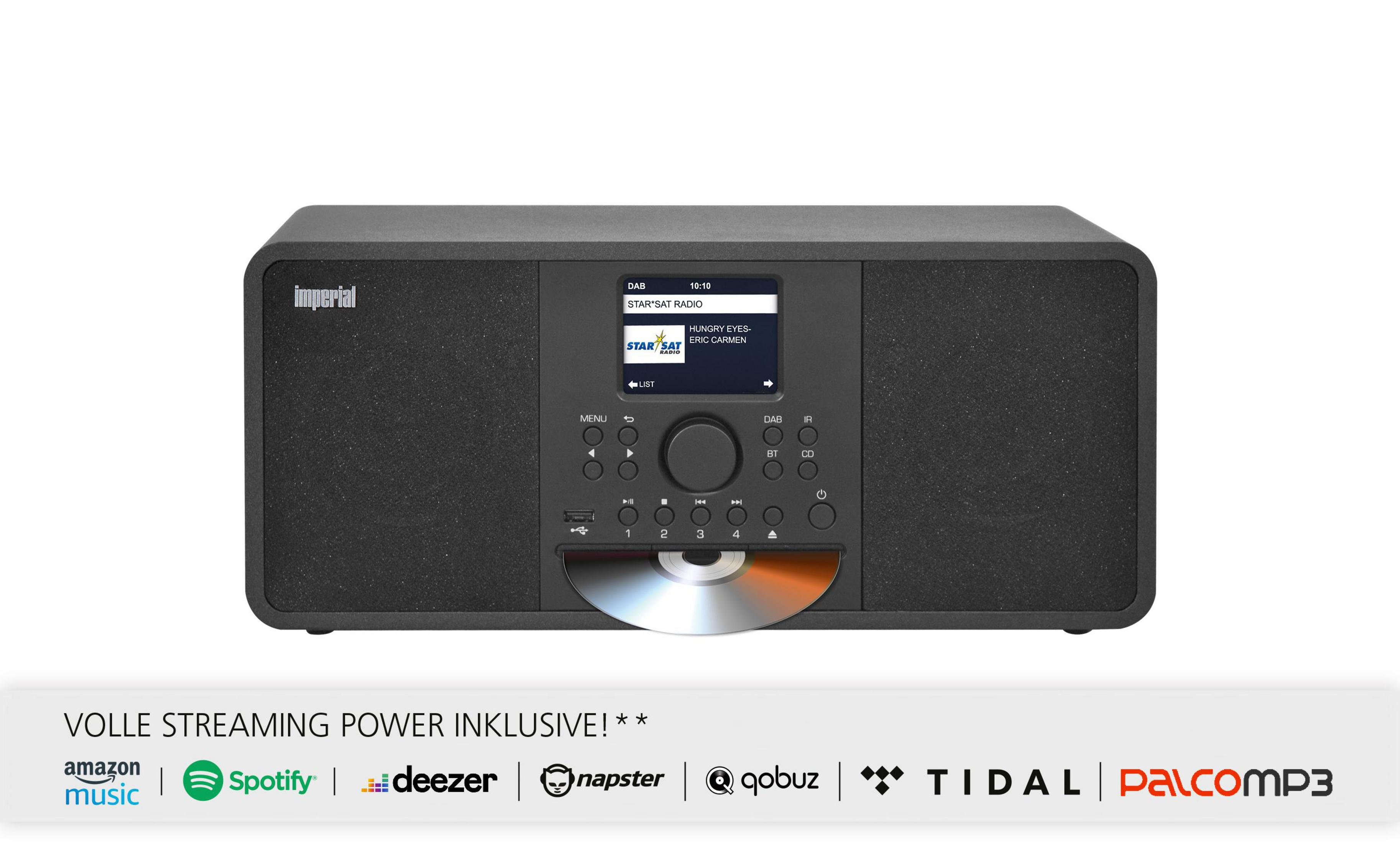 Czarny radioodtwarzacz Imperial z włożoną płytą CD i logo usług strumieniowania.