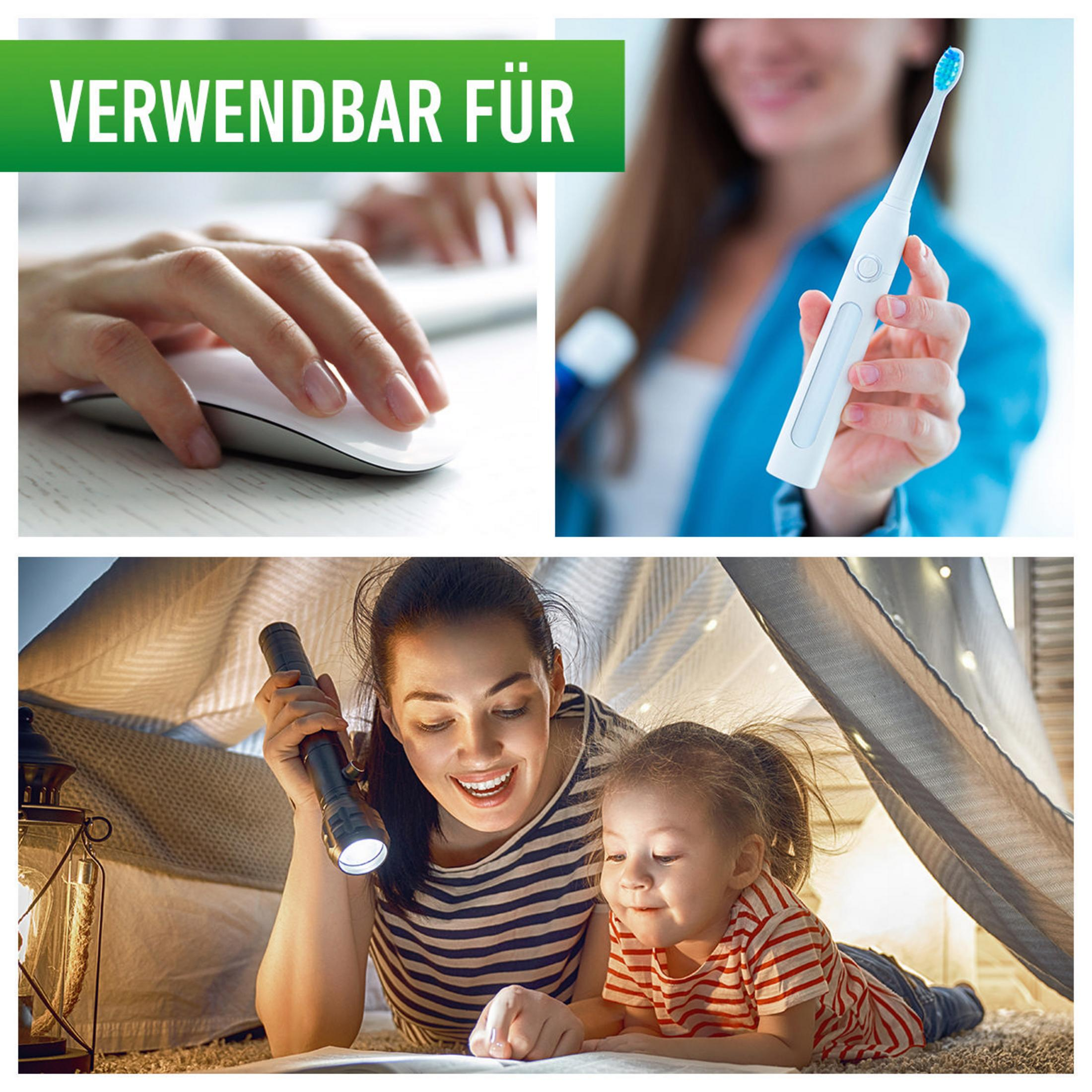 Obrazy przedstawiają kobietę używającą myszy, kobietę trzymającą elektryczną szczoteczkę do zębów oraz matkę z dzieckiem z latarką.