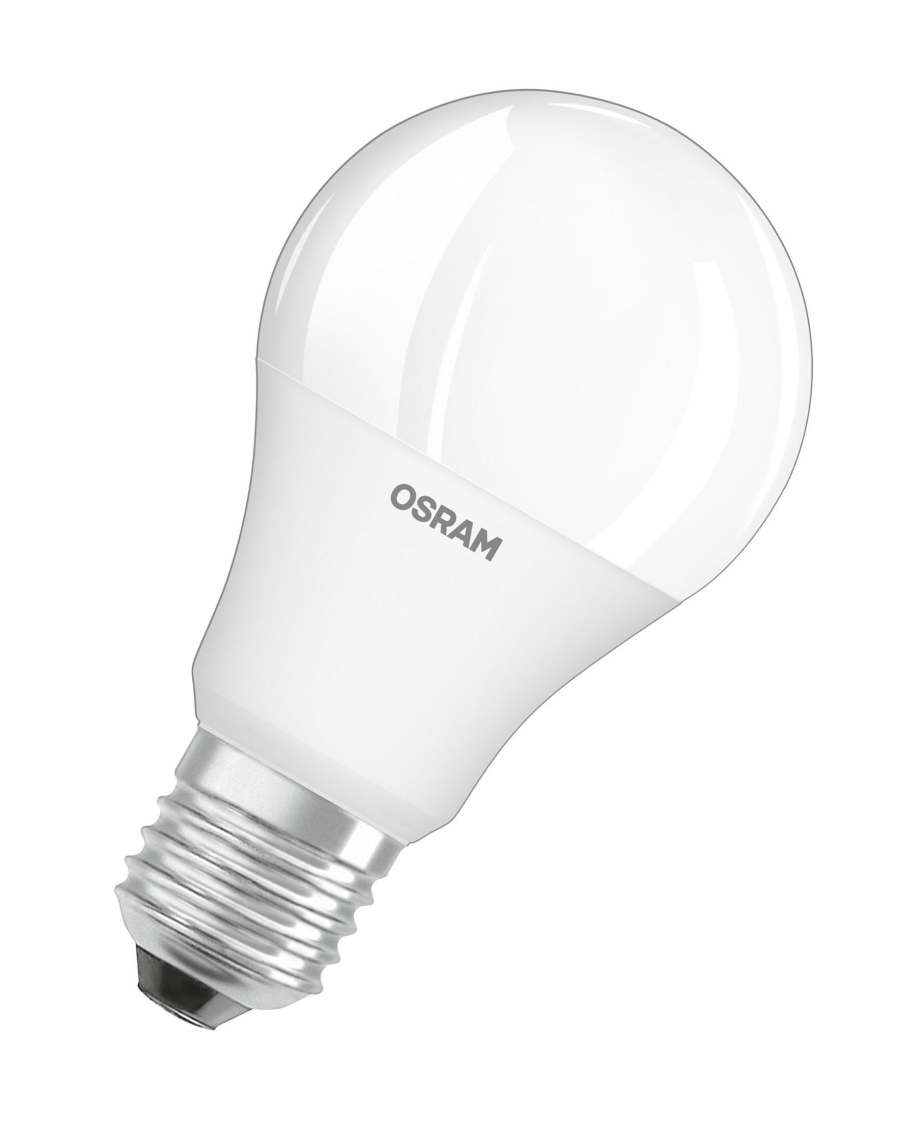 Ampoule LED OSRAM blanche. Elle a un culot à vis standard et un verre arrondi en forme de poire.