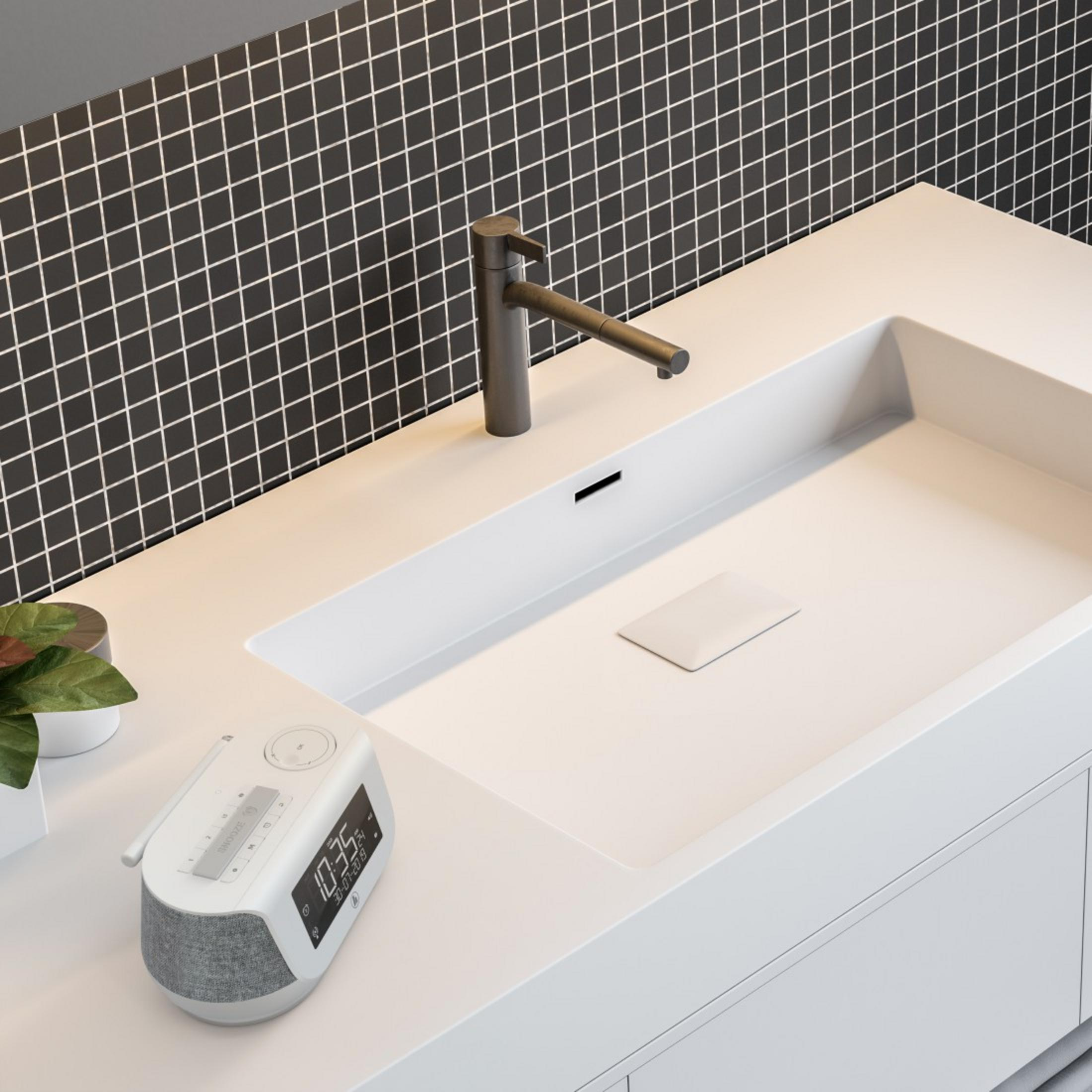 Biała umywalka z ciemną baterią. Zegar i roślina na blacie. Czarno-białe kafelki w tle.