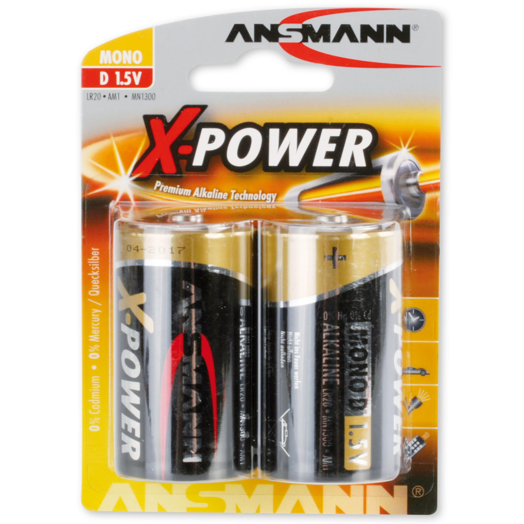 Zwei AA-Batterien in einer Blisterverpackung. Die Packung ist weiß mit orangefarbenen und gelben Grafiken.