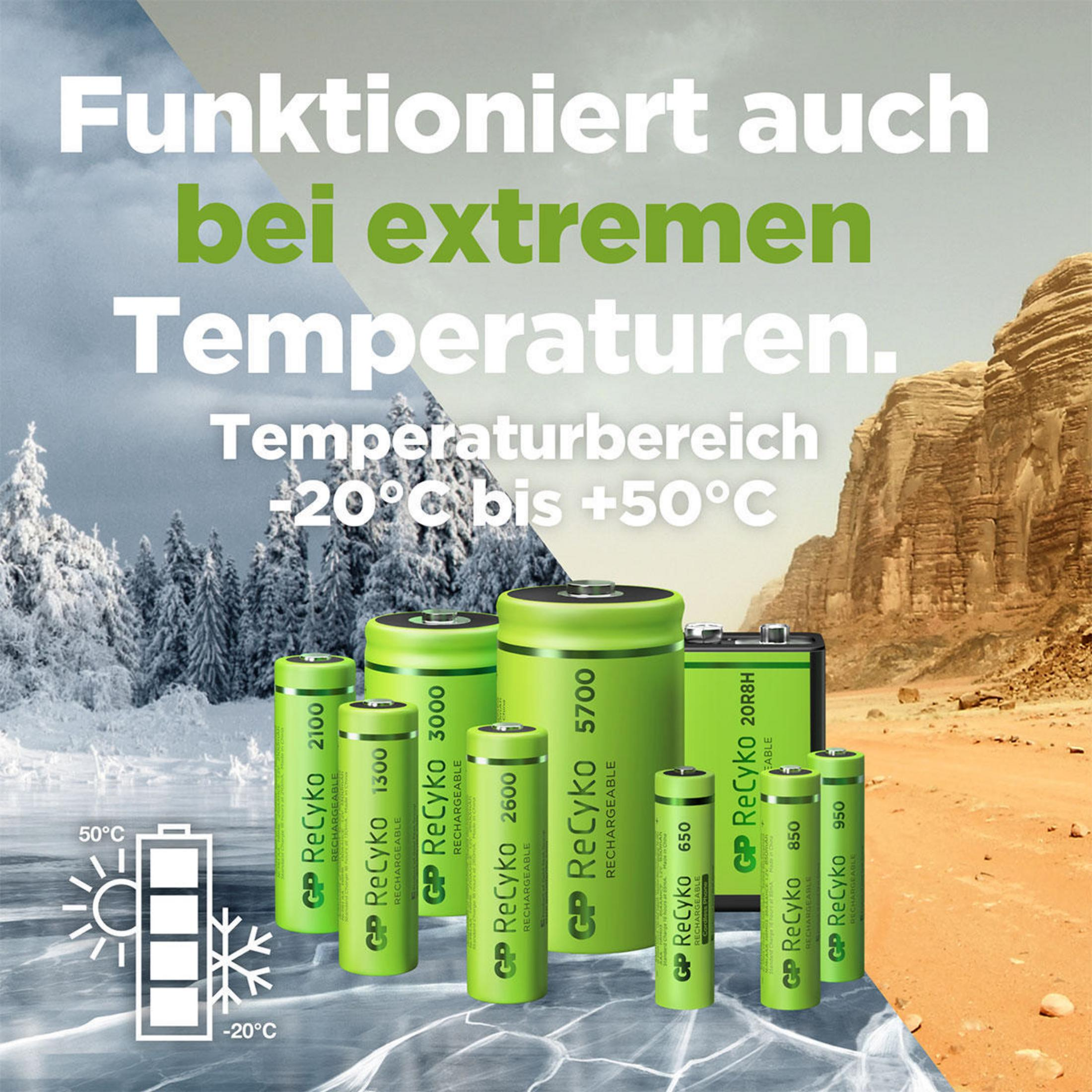 Batterien in verschiedenen Größen. Eine Seite kalt, die andere heiß. Temperaturbereich wird gezeigt.