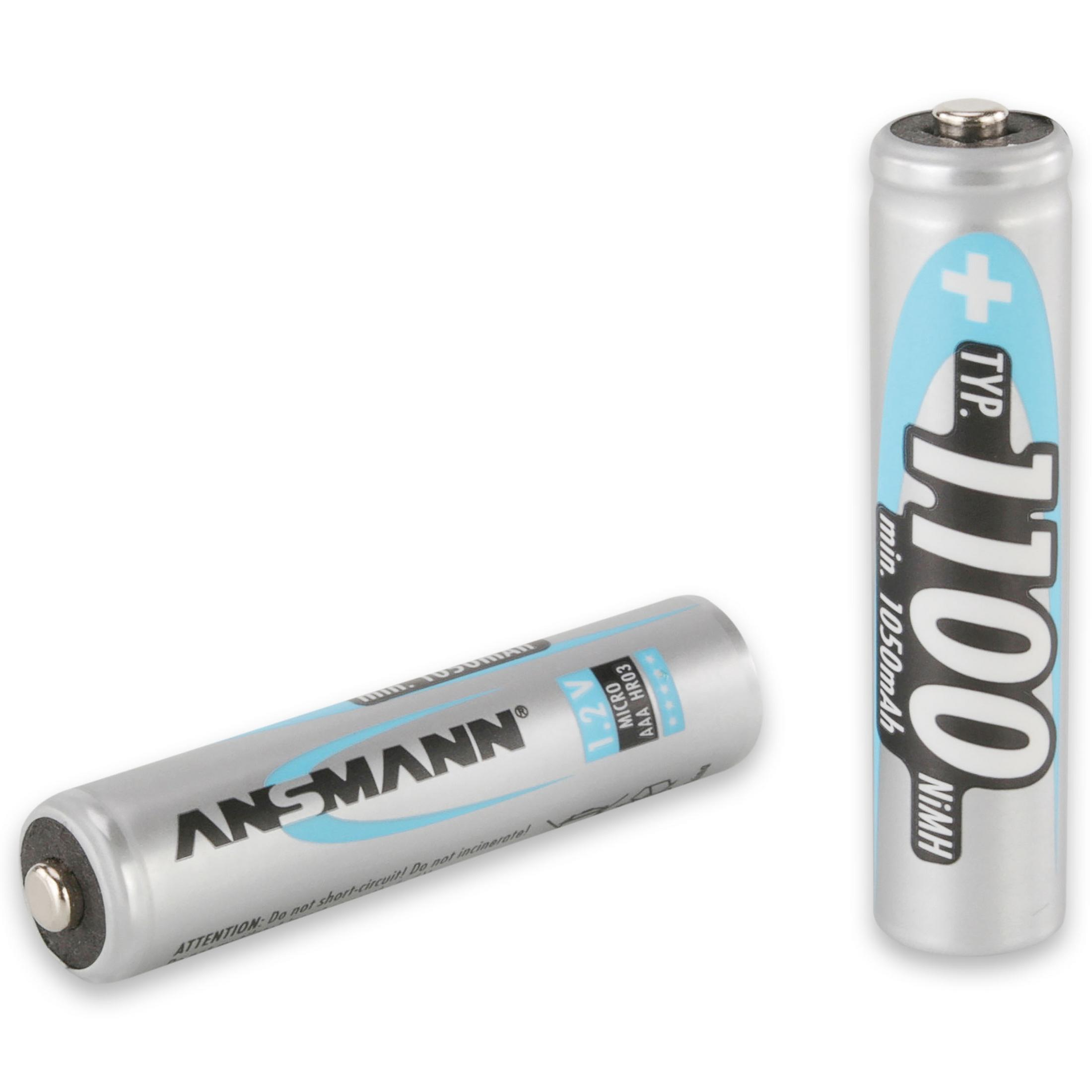 Zwei silberne AA-Batterien, eine liegend, die andere stehend.