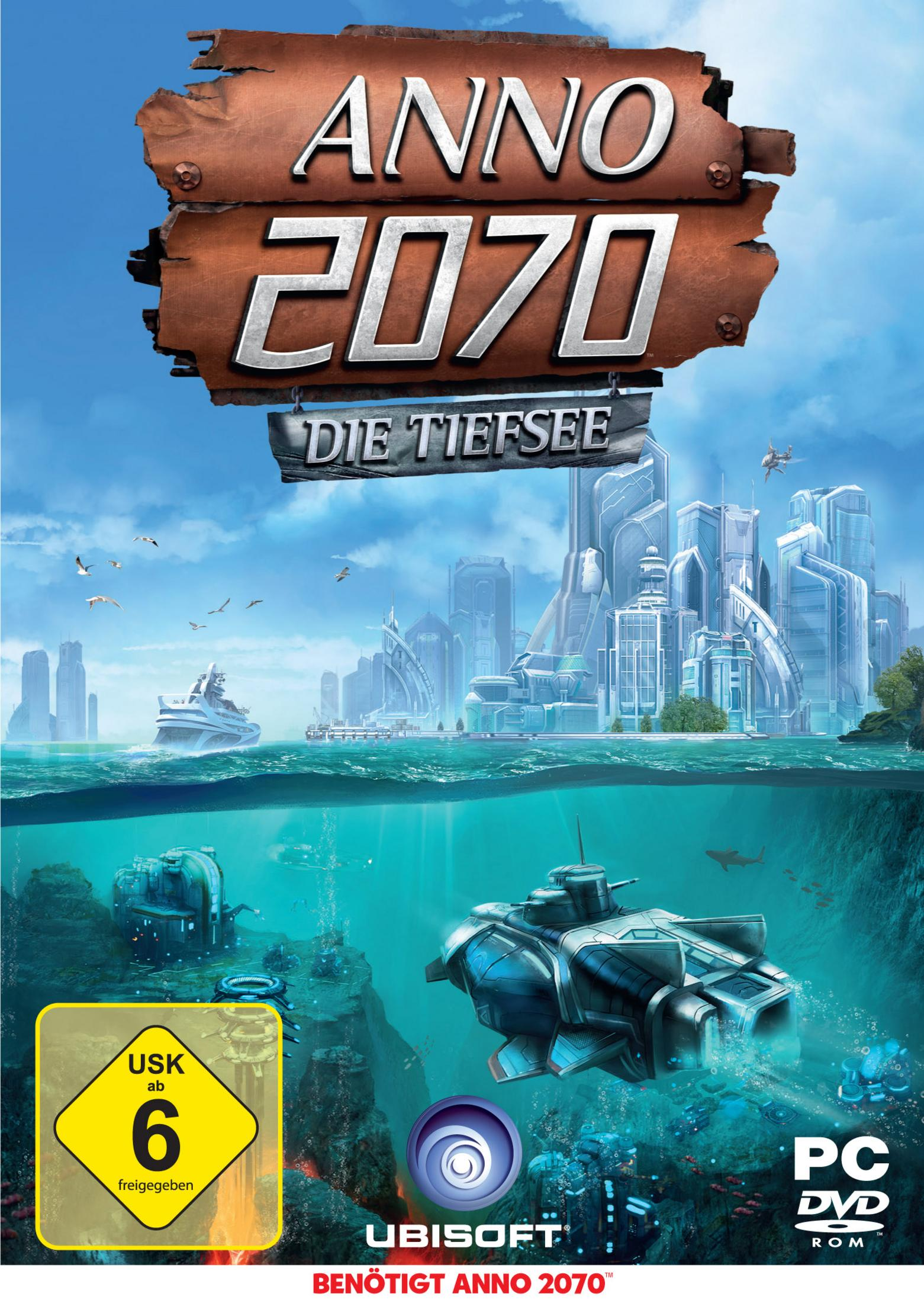 Cover des Spiels Anno 2070. Titel auf Holzschild. Unterwasserstadt und Fahrzeuge sichtbar.