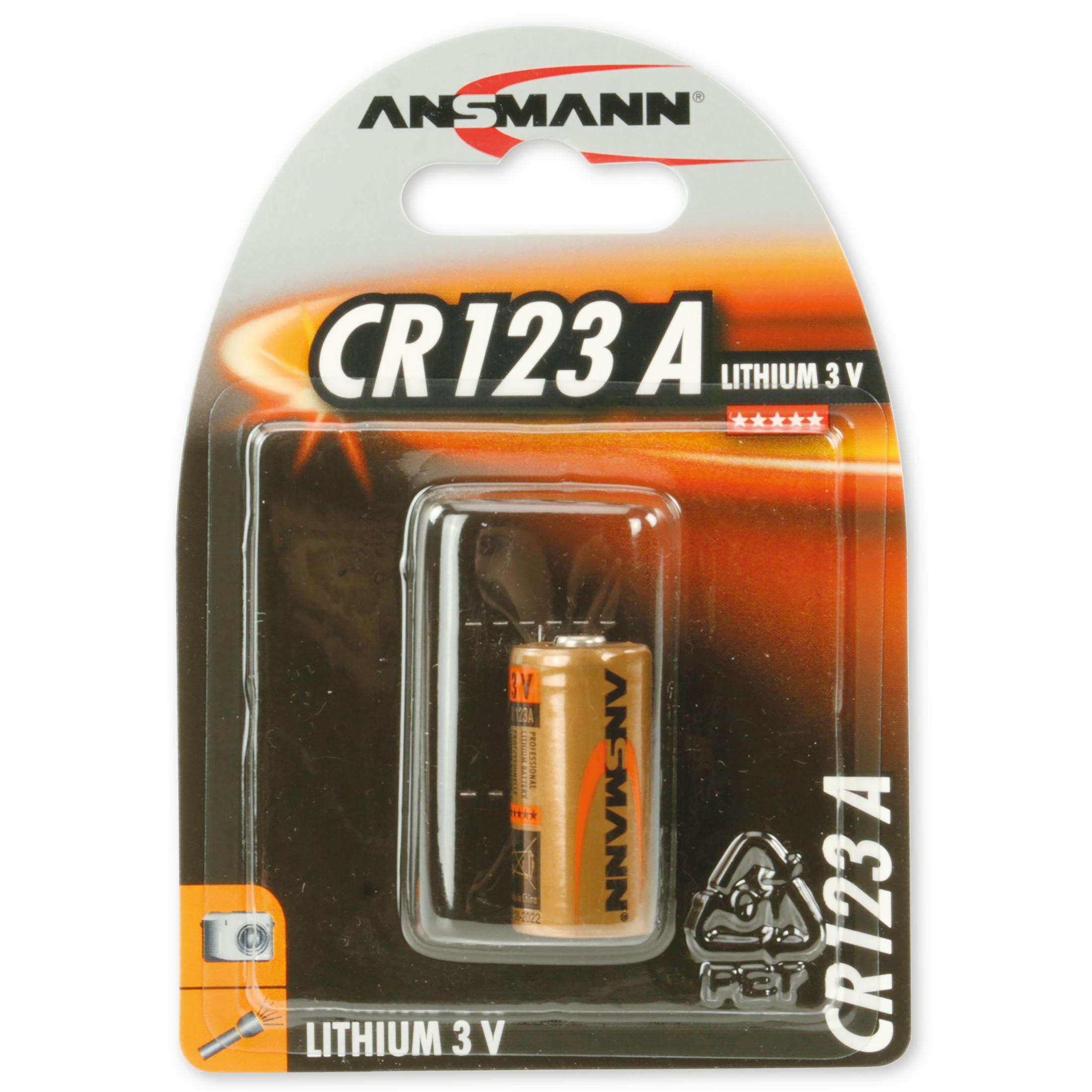 Ansmann CR123A Lithium 3V Batterie im Blisterpack. Die Batterie ist bronzefarben.