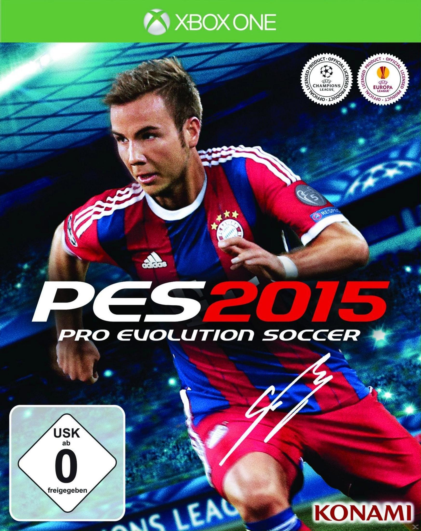 PES 2015 Spielebox mit einem Fußballspieler und dem Xbox One Logo.