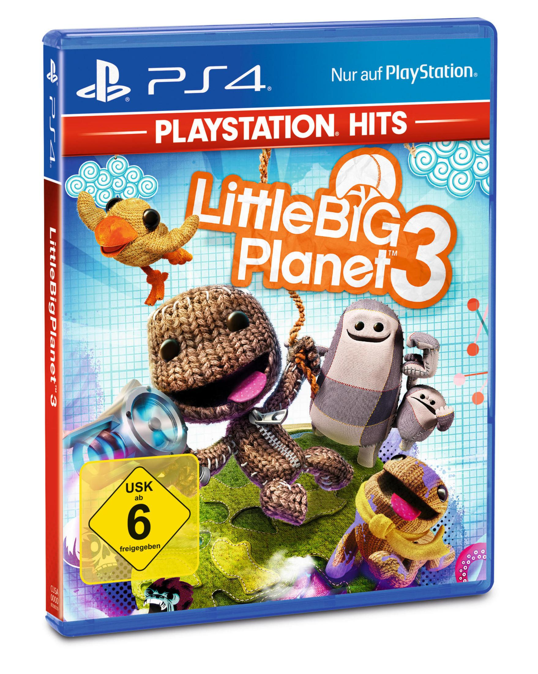Spiele-Cover für LittleBigPlanet 3, Charaktere in blauem Gehäuse, PS4-Logo.