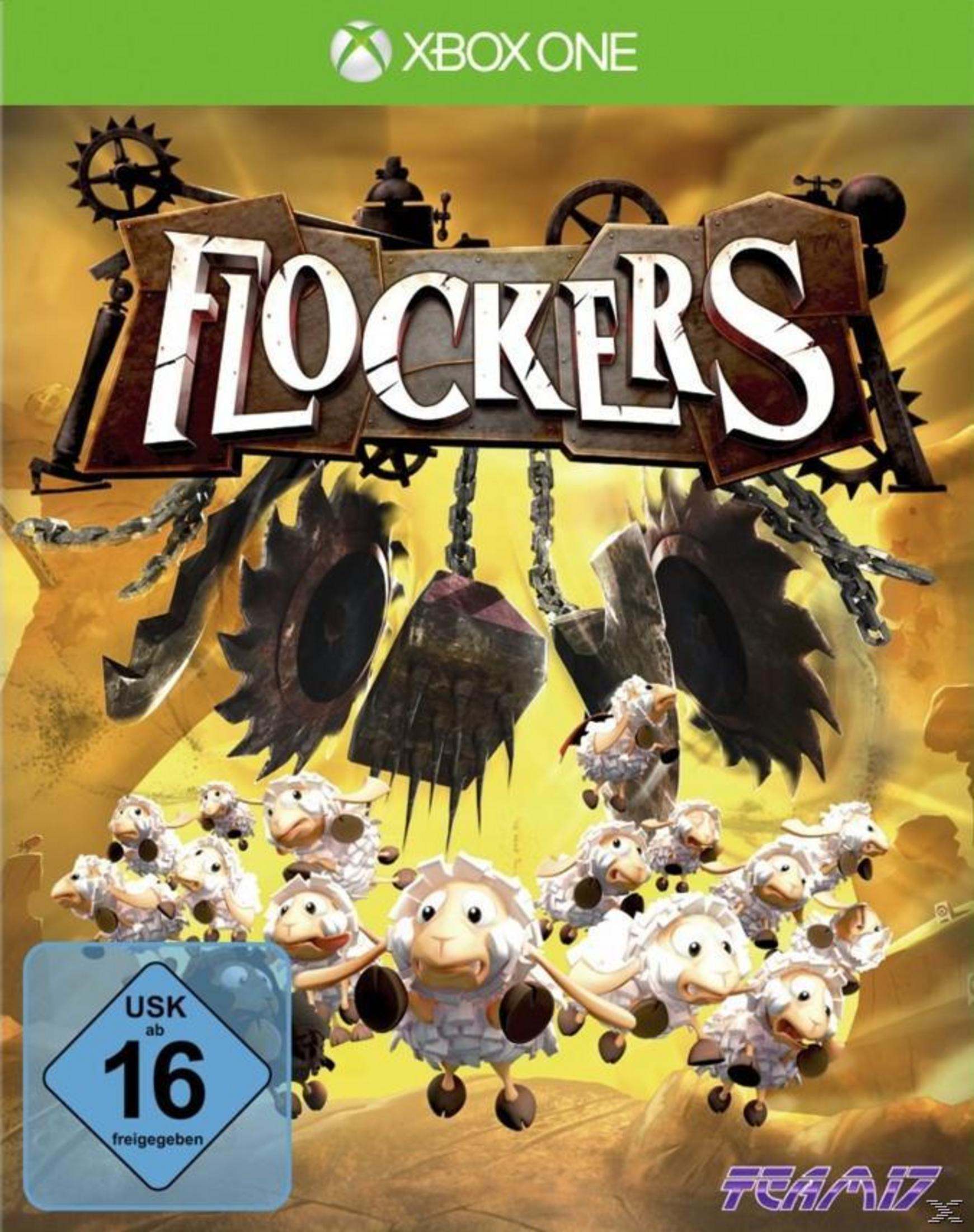Das Cover des Videospiels 'Flockers' für Xbox One. Zeigt Cartoon-Schafe und einen mechanischen Hintergrund.
