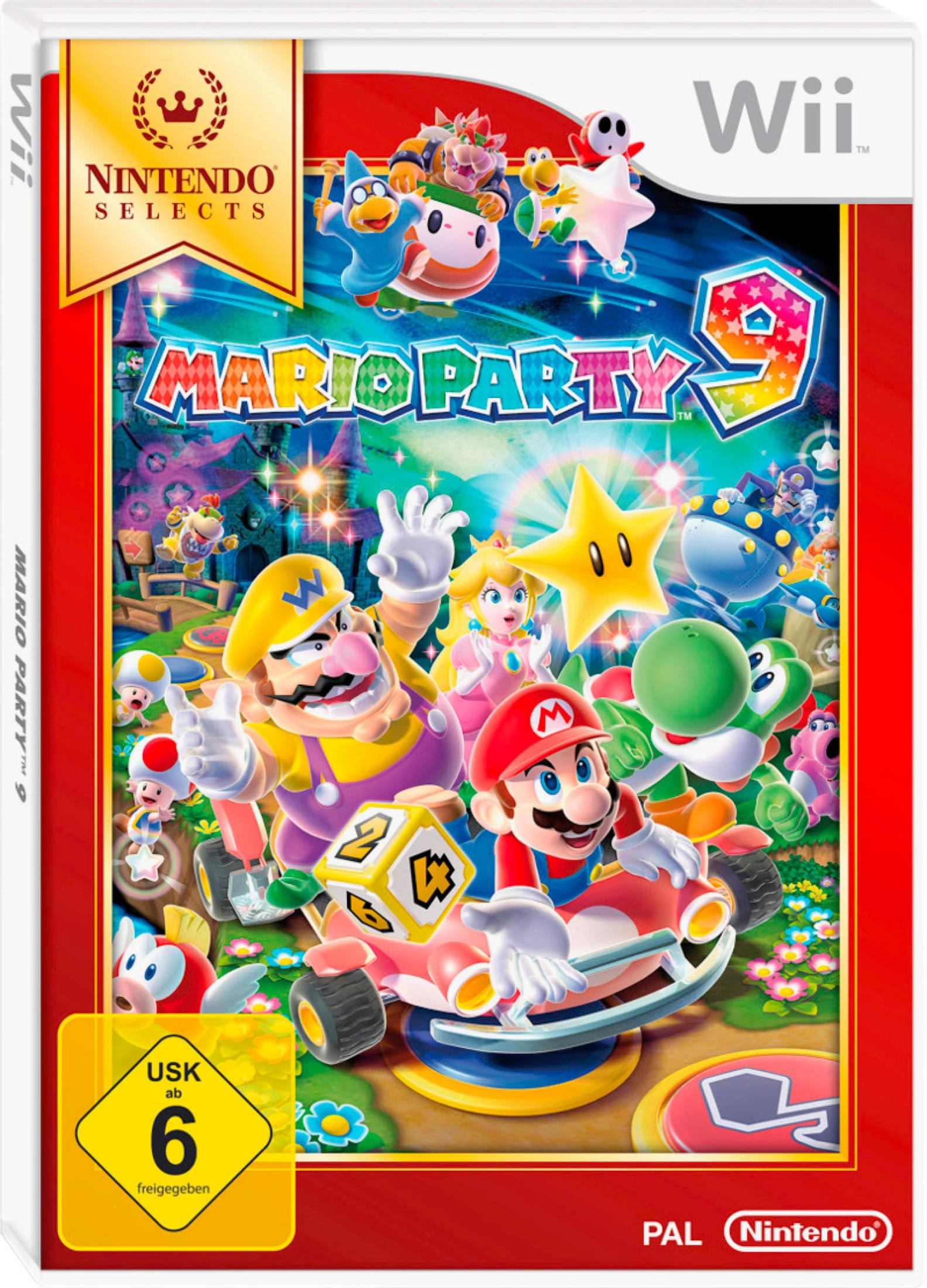 Mario Party 9 Wii-Spielbox mit Charakteren und Logo.