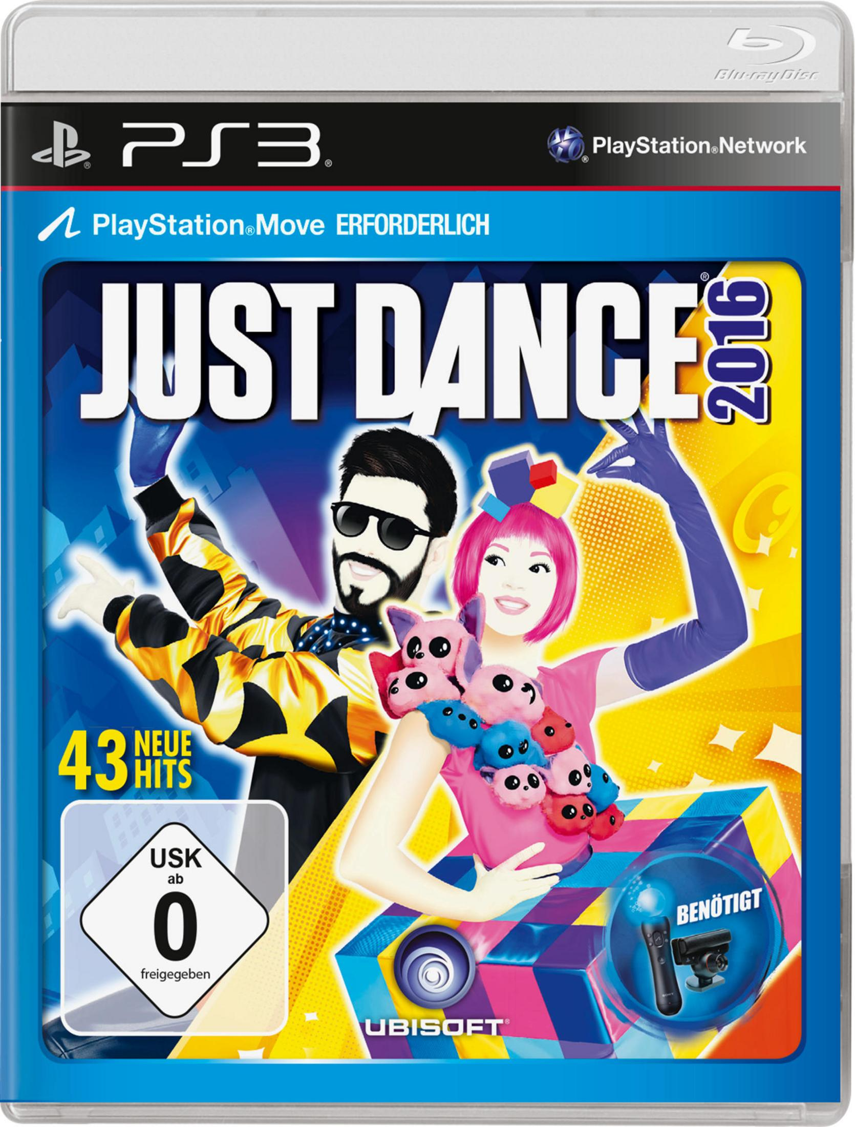 Spielbox für Just Dance 2016. Zeigt einen Mann mit Sonnenbrille und eine Frau mit Tanzthema.