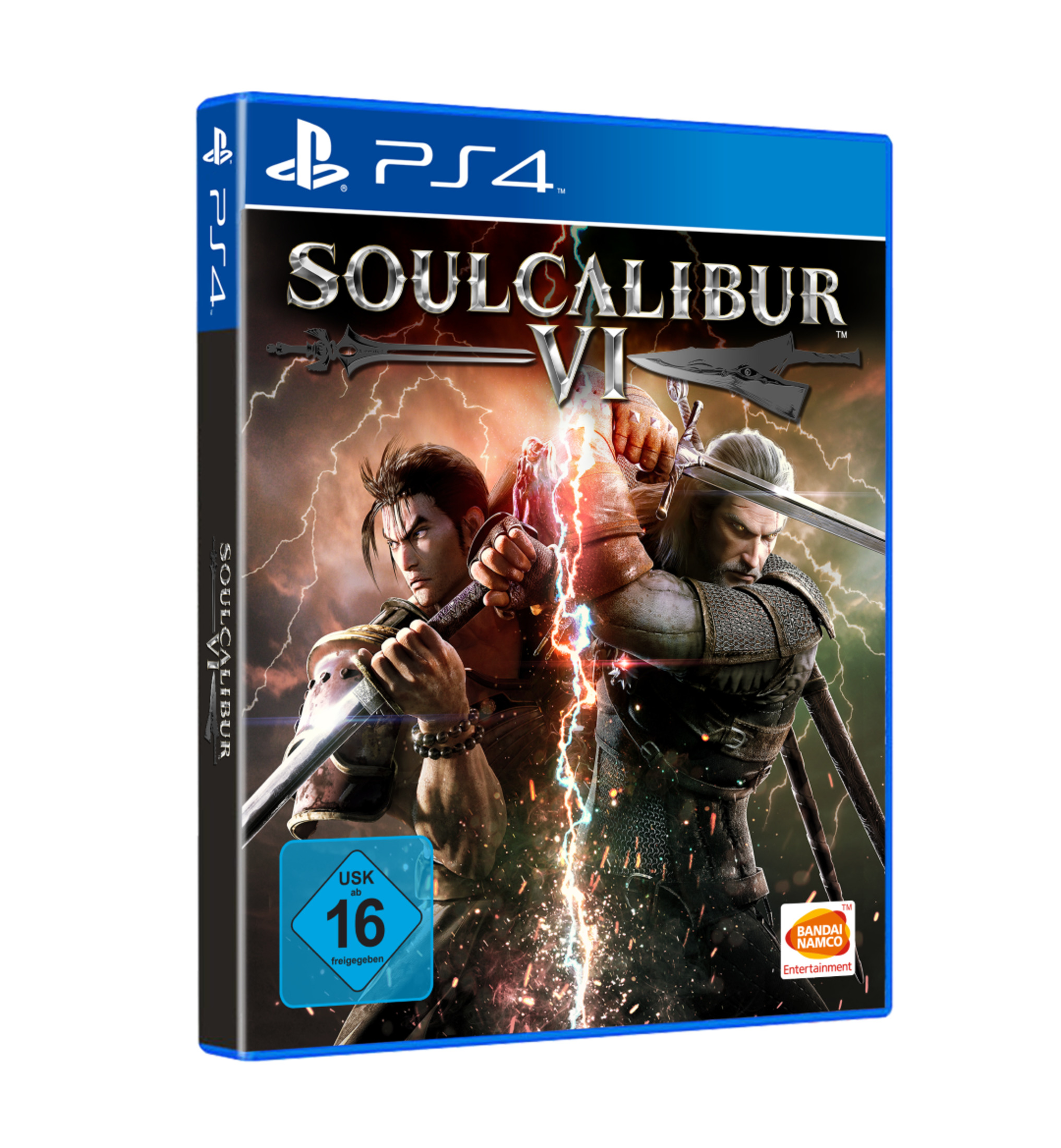 PS4-Spielbox für Soulcalibur VI, mit zwei Charakteren im Kampf mit Schwertern.