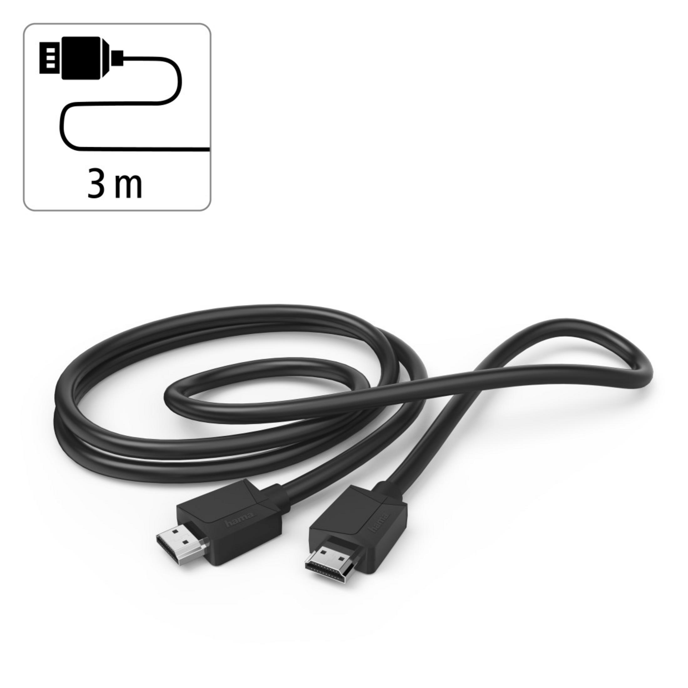 Cable HDMI negro con conectores en ambos extremos. El cable tiene una etiqueta de 3 m en la parte superior.