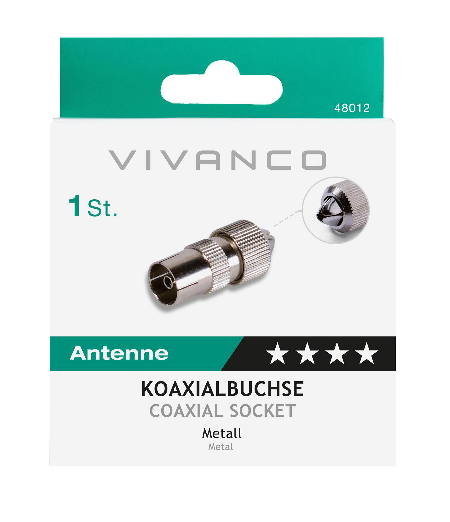 Vivanco Koaxialbuchse in einer Verpackung, silberfarben, mit Text und Sternen.