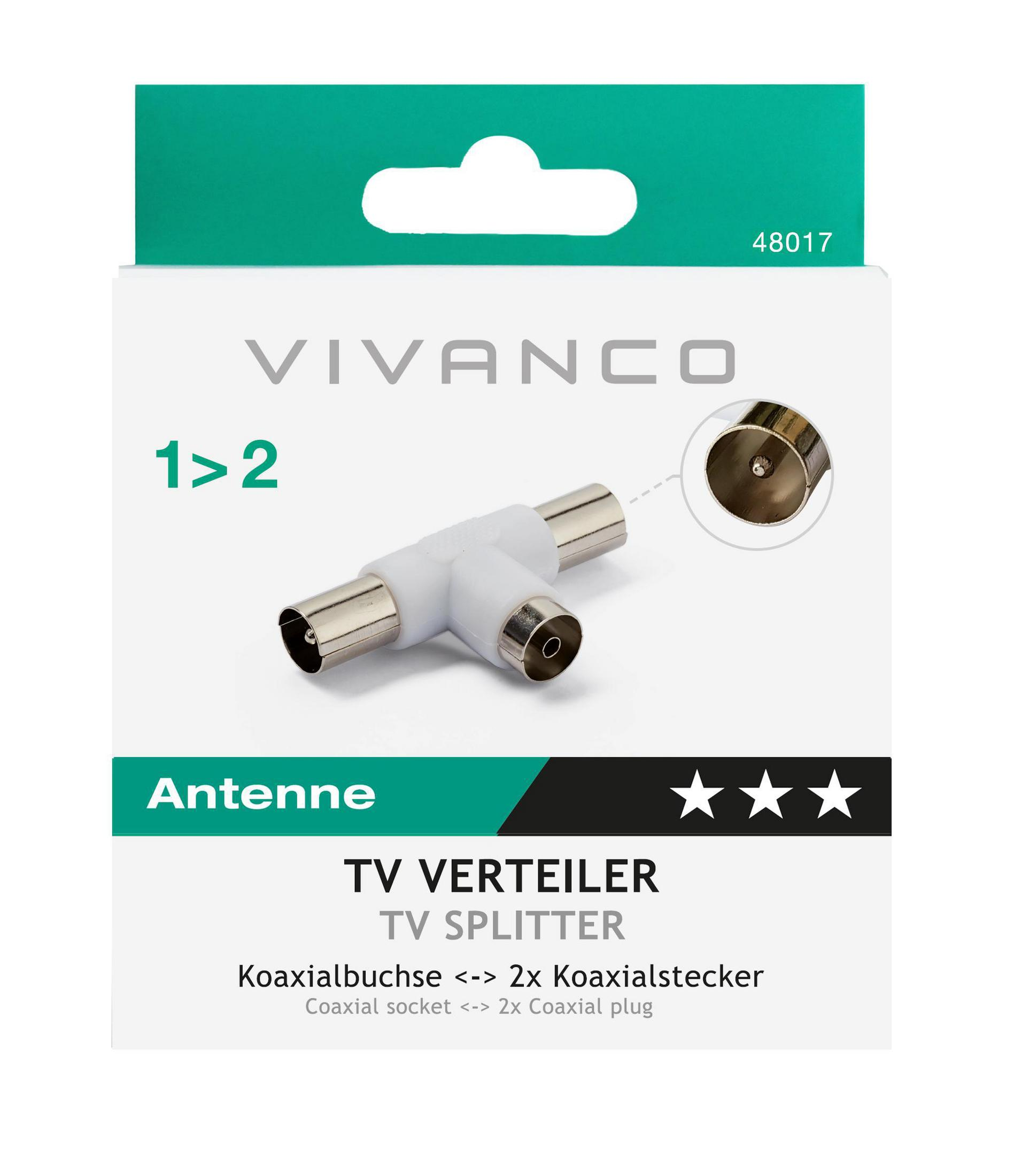 Weißer TV-Splitter mit Koaxialanschlüssen. Verpackt in einer weißen und grünen Vivanco-Box.