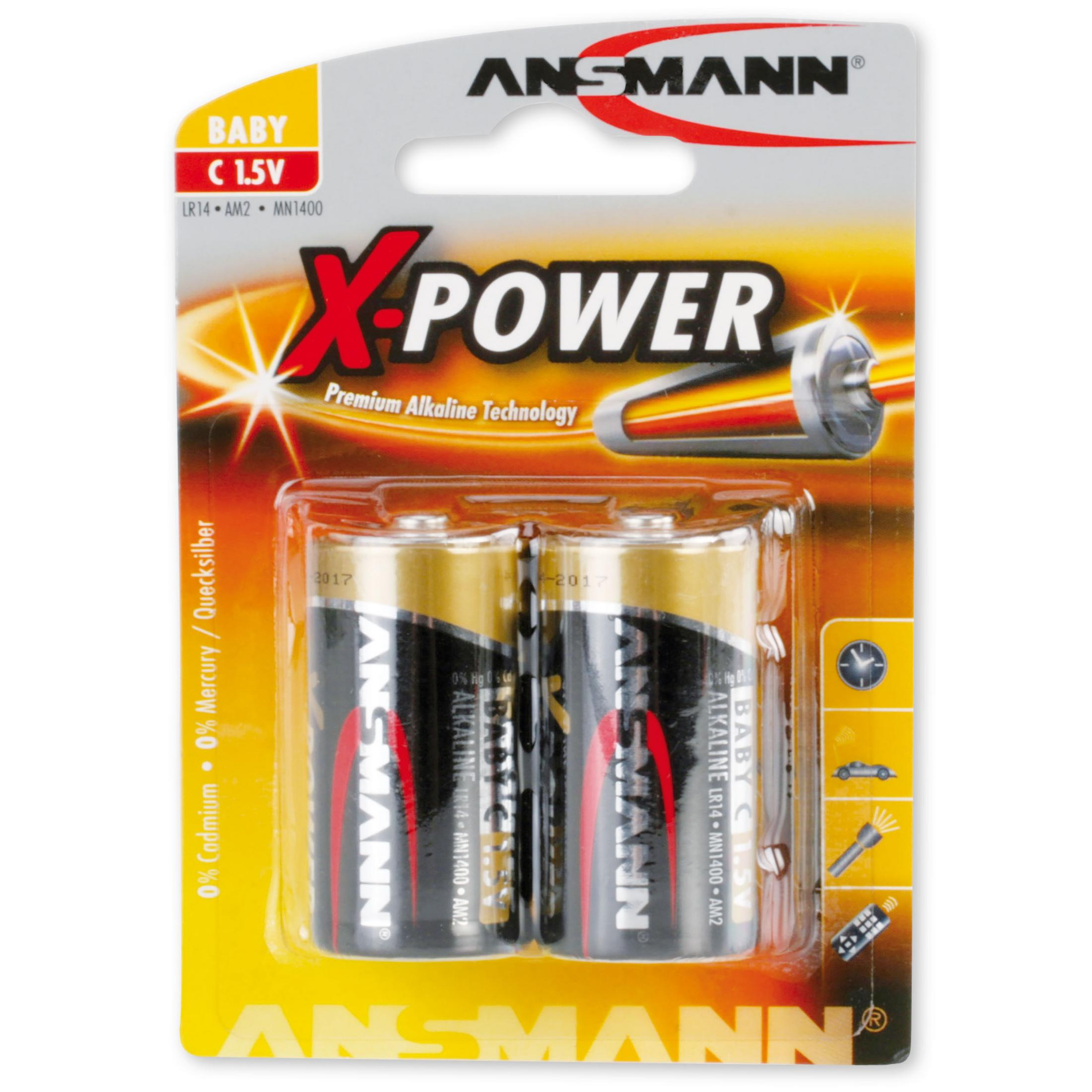 Confezione di due batterie Ansmann Baby C 1,5V. La confezione è gialla e rossa.