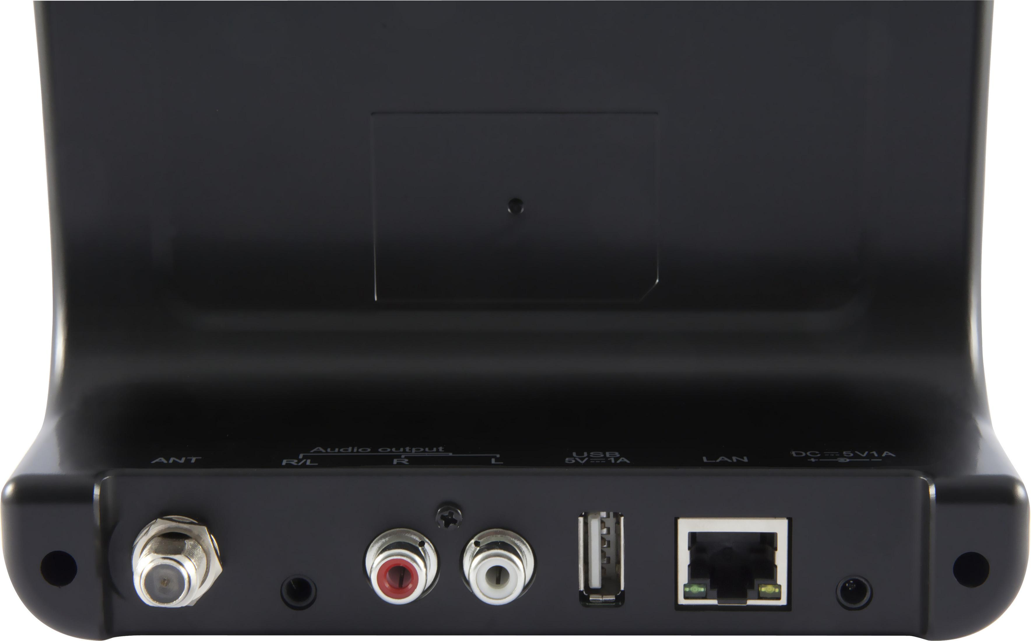 Black device rear with antenna, audio, USB, and LAN ports.