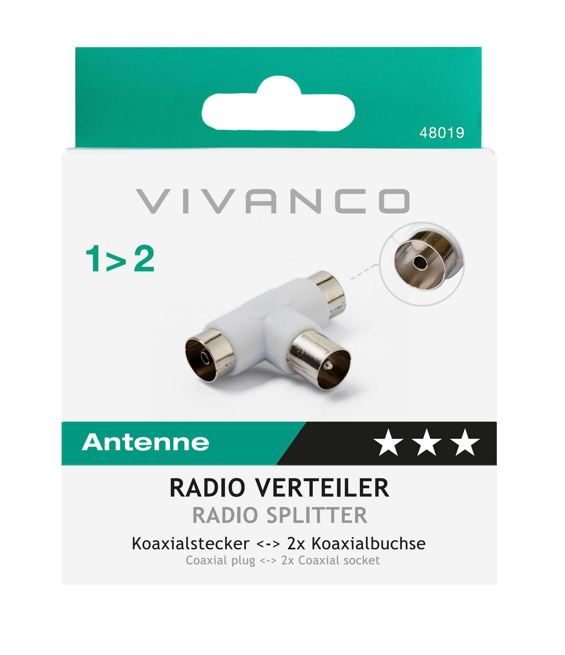 Weißer Antennensplitter mit drei weiblichen Koaxialanschlüssen. Ein Produktkarton ist im Hintergrund sichtbar.