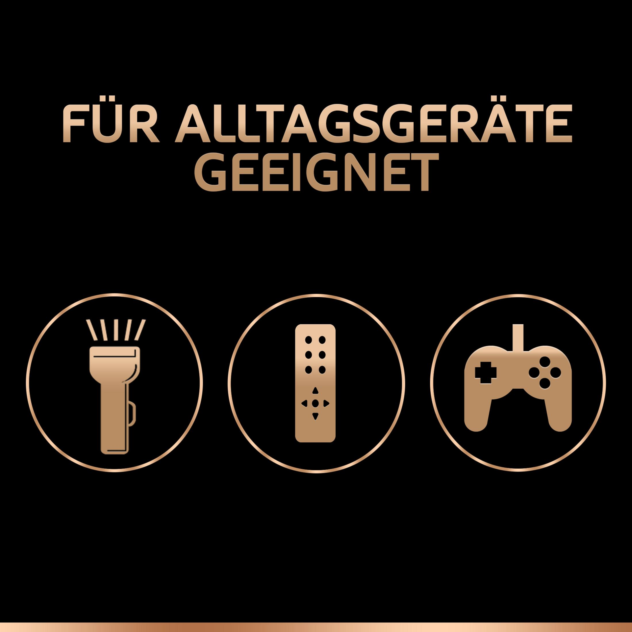 Zwarte achtergrond met gouden pictogrammen van een zaklamp, afstandsbediening en gamecontroller. Tekst: Für Alltagsgeräte geeignet.