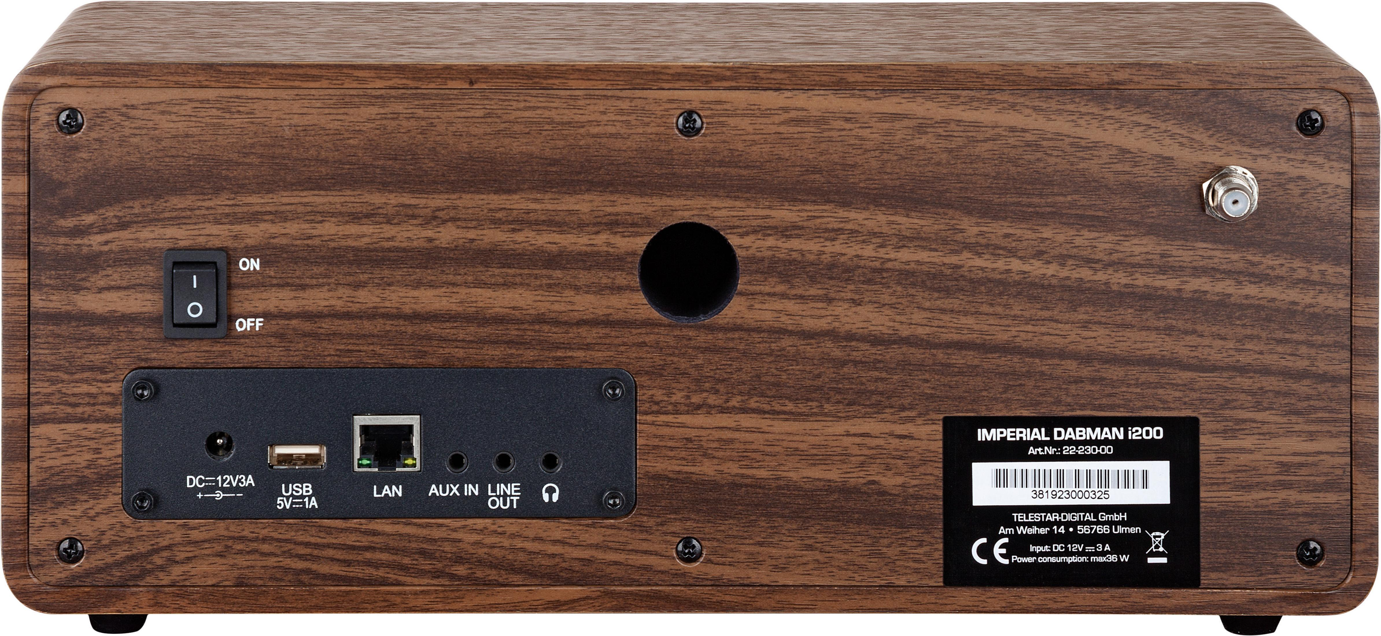 Widok z tyłu brązowego drewnianego radia Imperial DABMAN i200, pokazujący porty, elementy sterujące i etykietę.