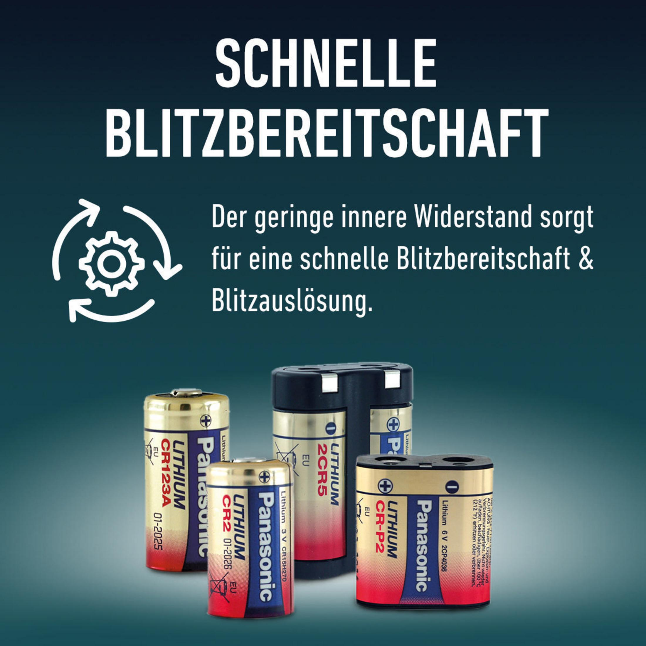 Cztery różne baterie: CR123A, CR2, CR2 2C5 i CR-P2, z tekstem w języku niemieckim.