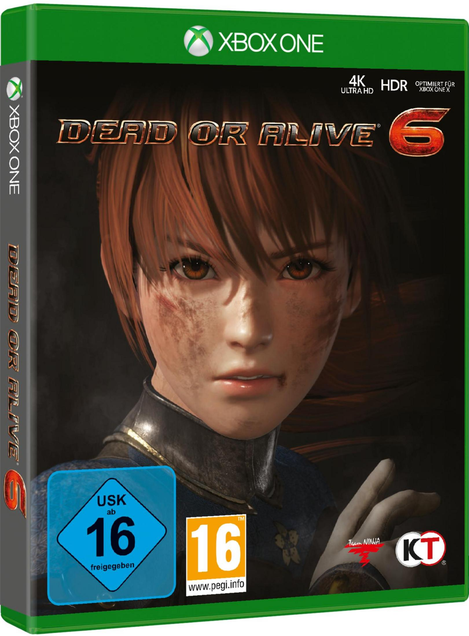 Dead or Alive 6 Spielbox, Xbox One, mit dem Gesicht einer Frau auf dem Cover.