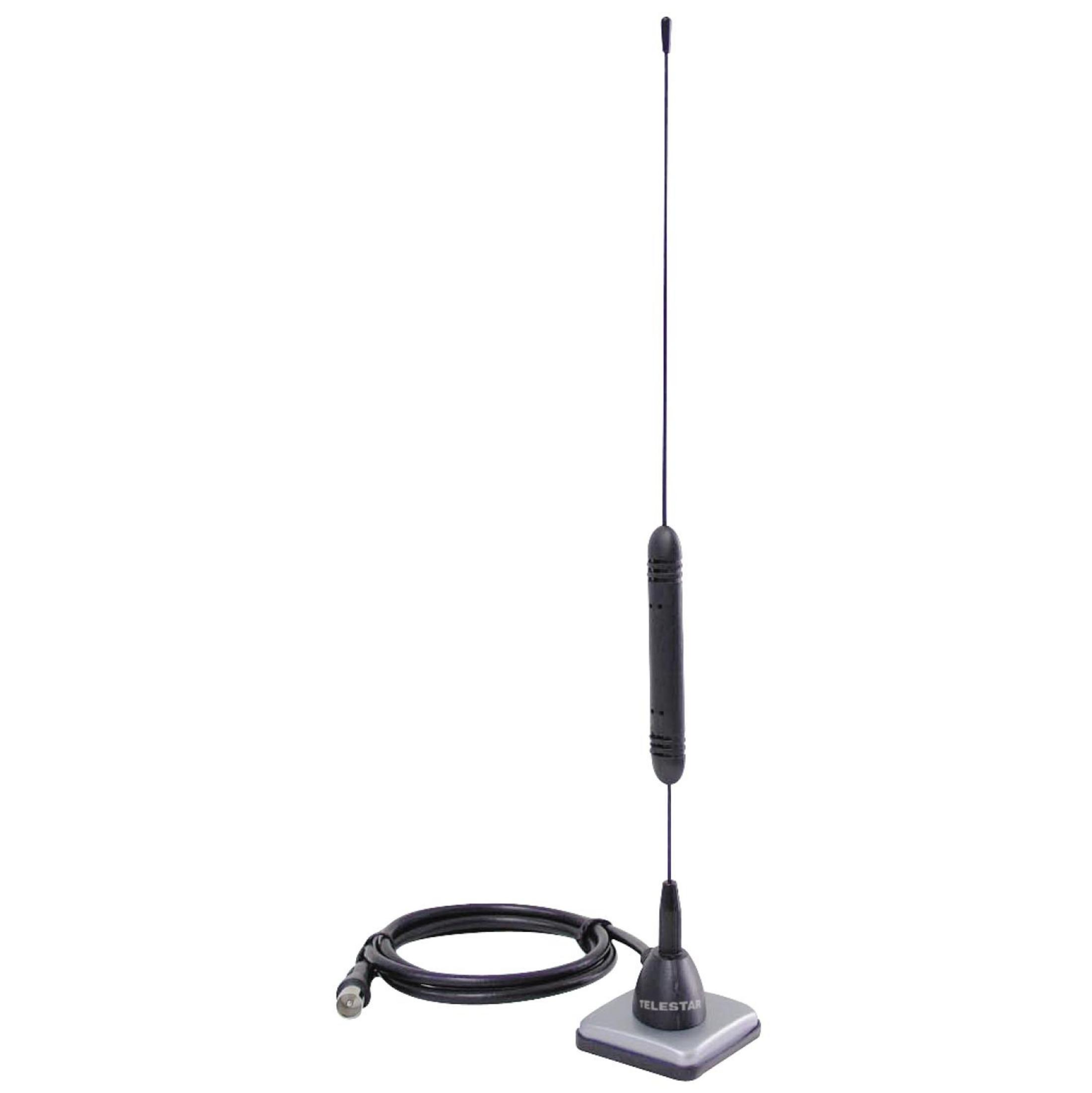 Czarna antena telewizyjna z długą, cienką anteną i czarną podstawą.