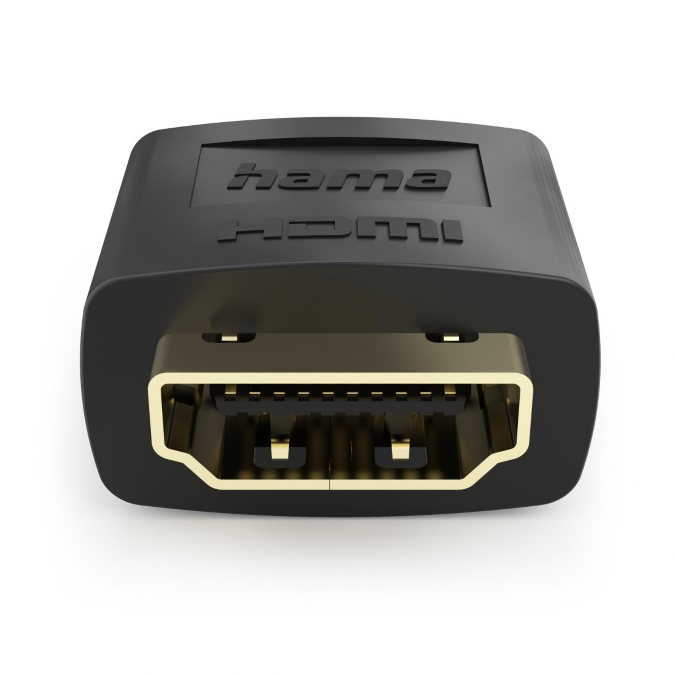 Un adattatore HDMI nero con connettori dorati, etichettato 'hama HDMI'.