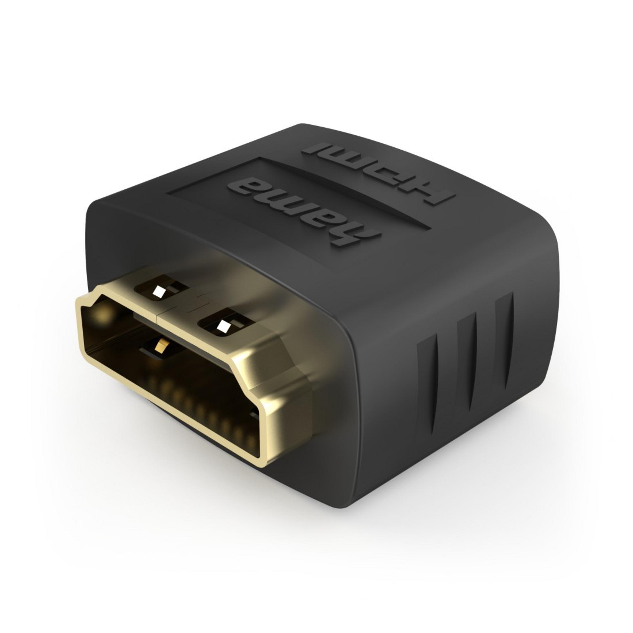 Adattatore HDMI nero con il logo hama sulla parte superiore. Punti di connessione dorati visibili.
