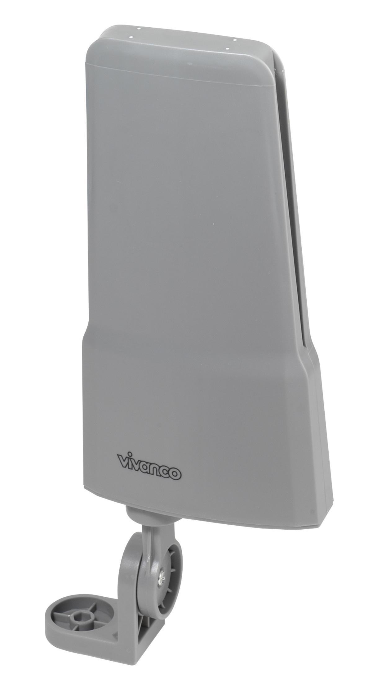 Szara antena do odbioru sygnałów, zamontowana na szarej podstawie.