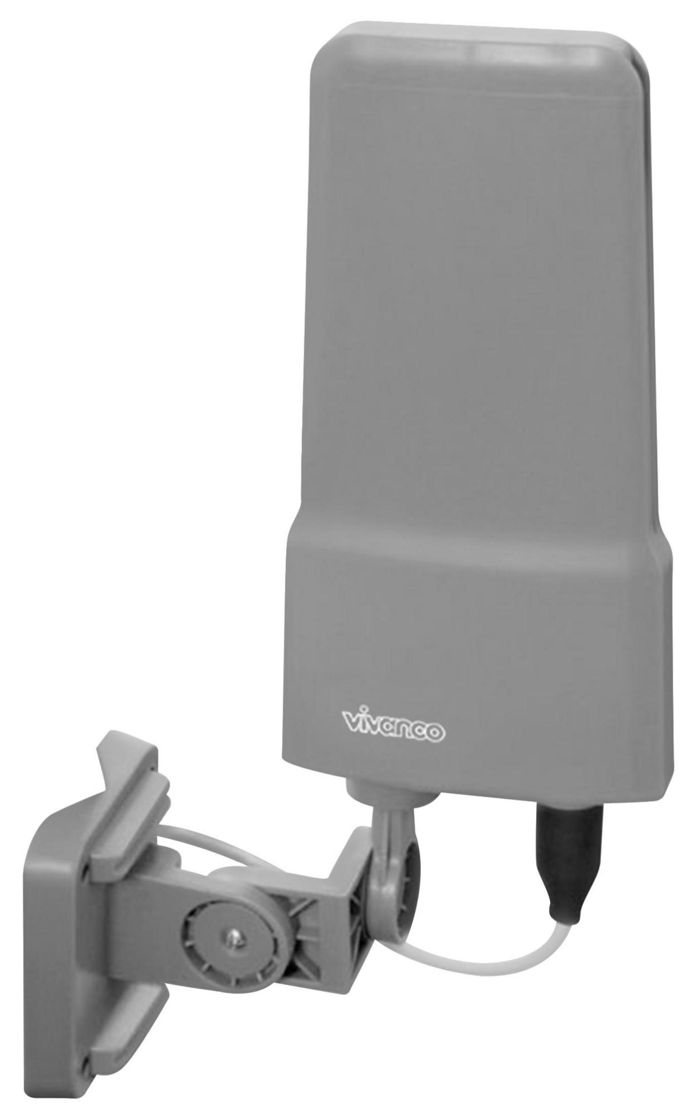 Szara antena zamontowana na ścianie, z białym kablem.