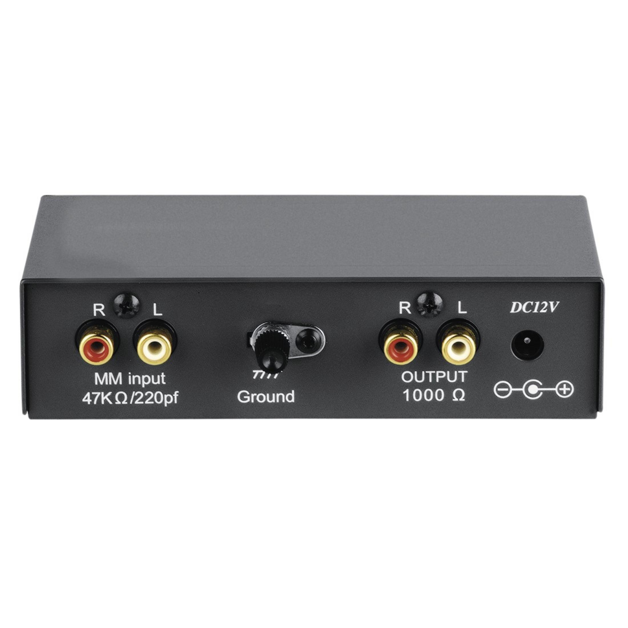 Un dispositivo de audio negro con conectores RCA, una perilla y una entrada y salida DC12V.
