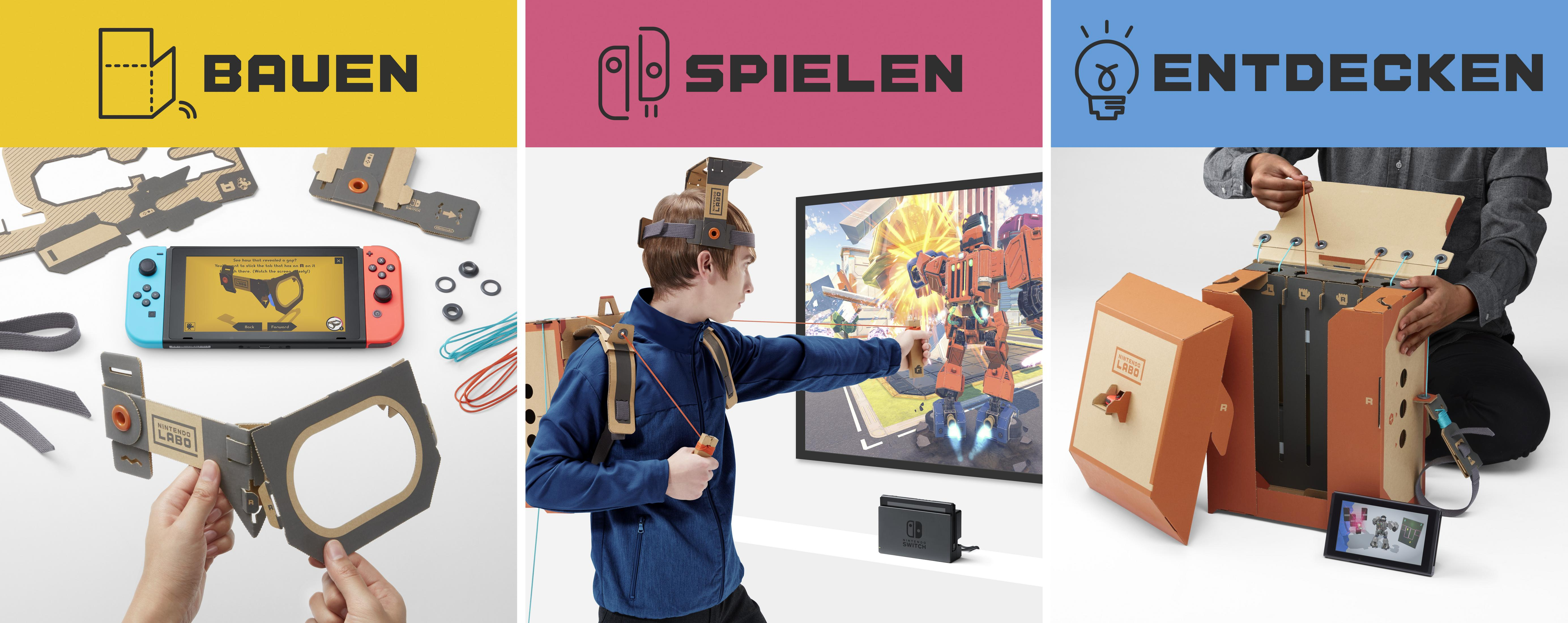 Osoba grająca z zestawem Nintendo Switch Labo. Zestaw wykonany jest z kartonu.